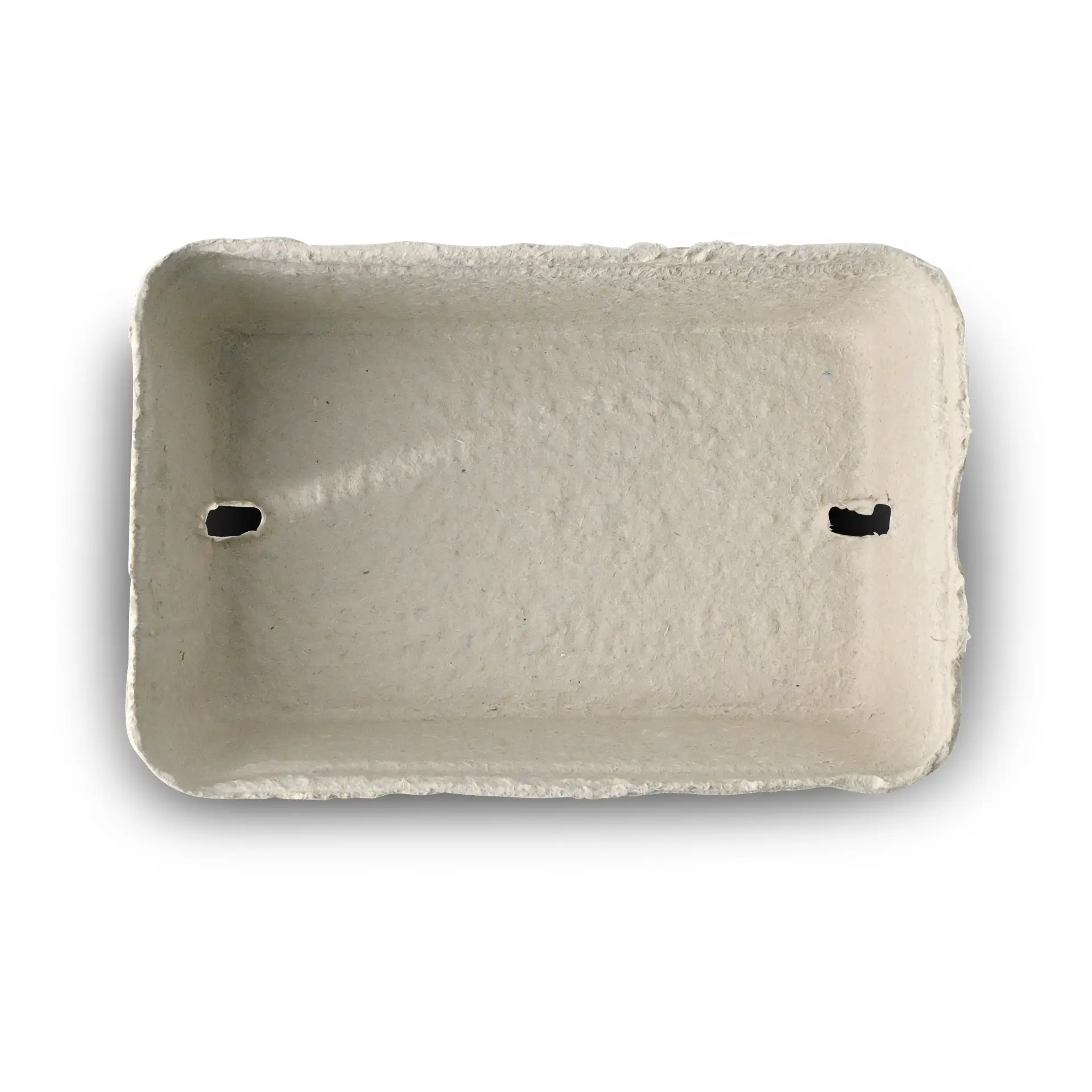 White wood pulp berry tray with two holes; designed for fresh berries, fruit, and produce. Ideal for markets and direct sellers.