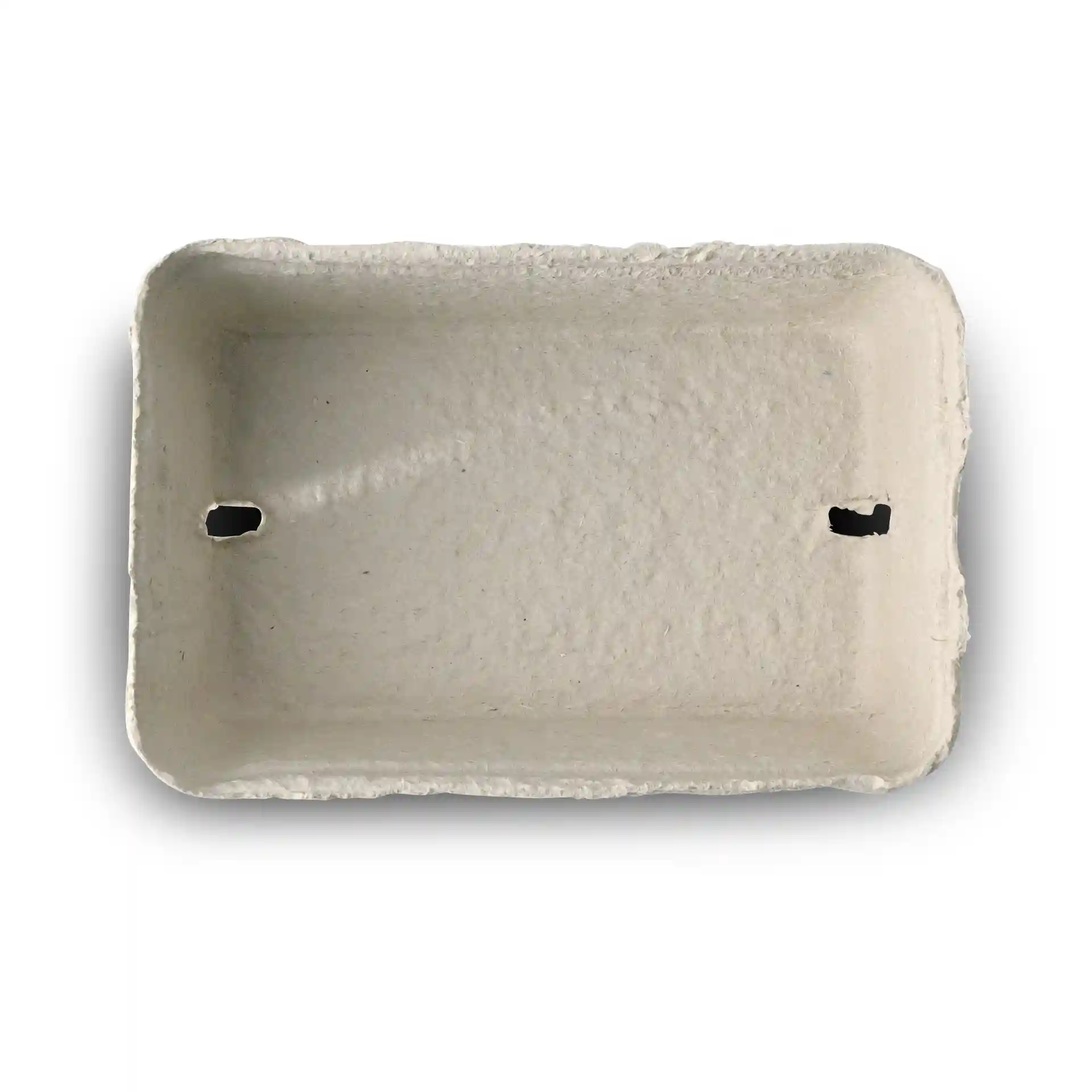 Weißer Holzpulpe-Beerenbehälter, rechteckige Form mit zwei Löchern, Maße 135mm x 90mm x 50mm.
