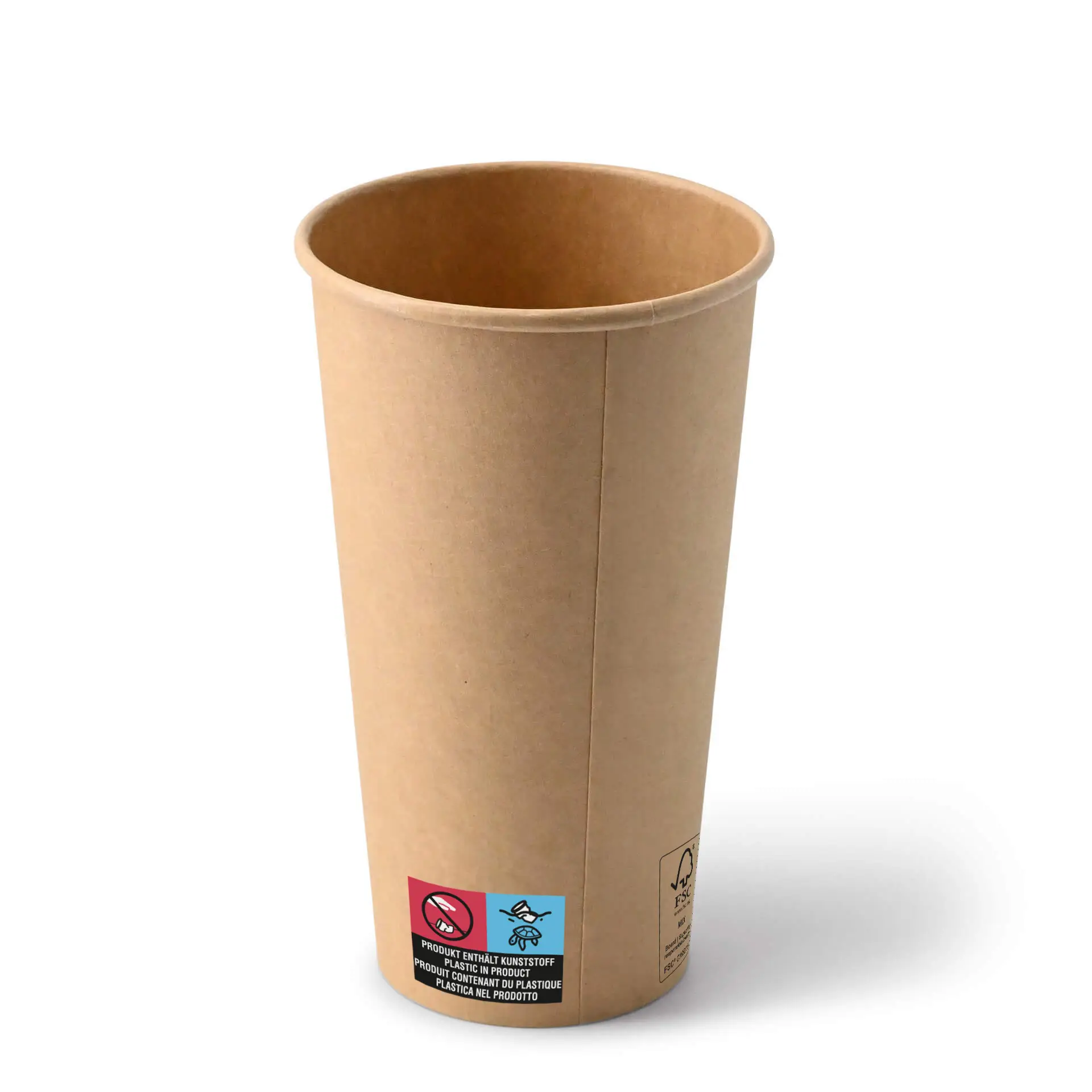Brauner 20 oz Pappbecher mit runder Form und einem blauen Etikett mit Symbolen an der Seite.