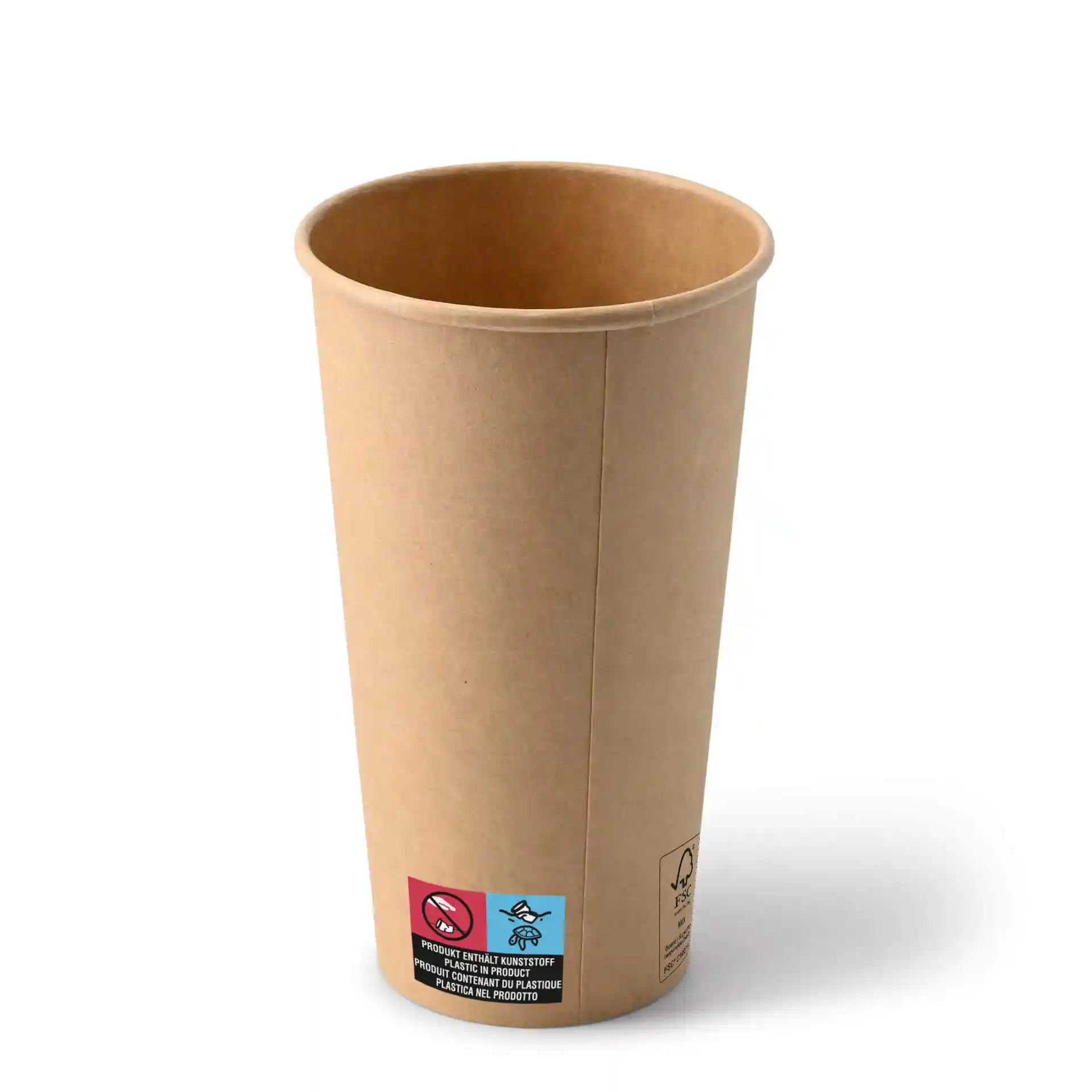 Brauner 20 oz Pappbecher mit runder Form und einem blauen Etikett mit Symbolen an der Seite.