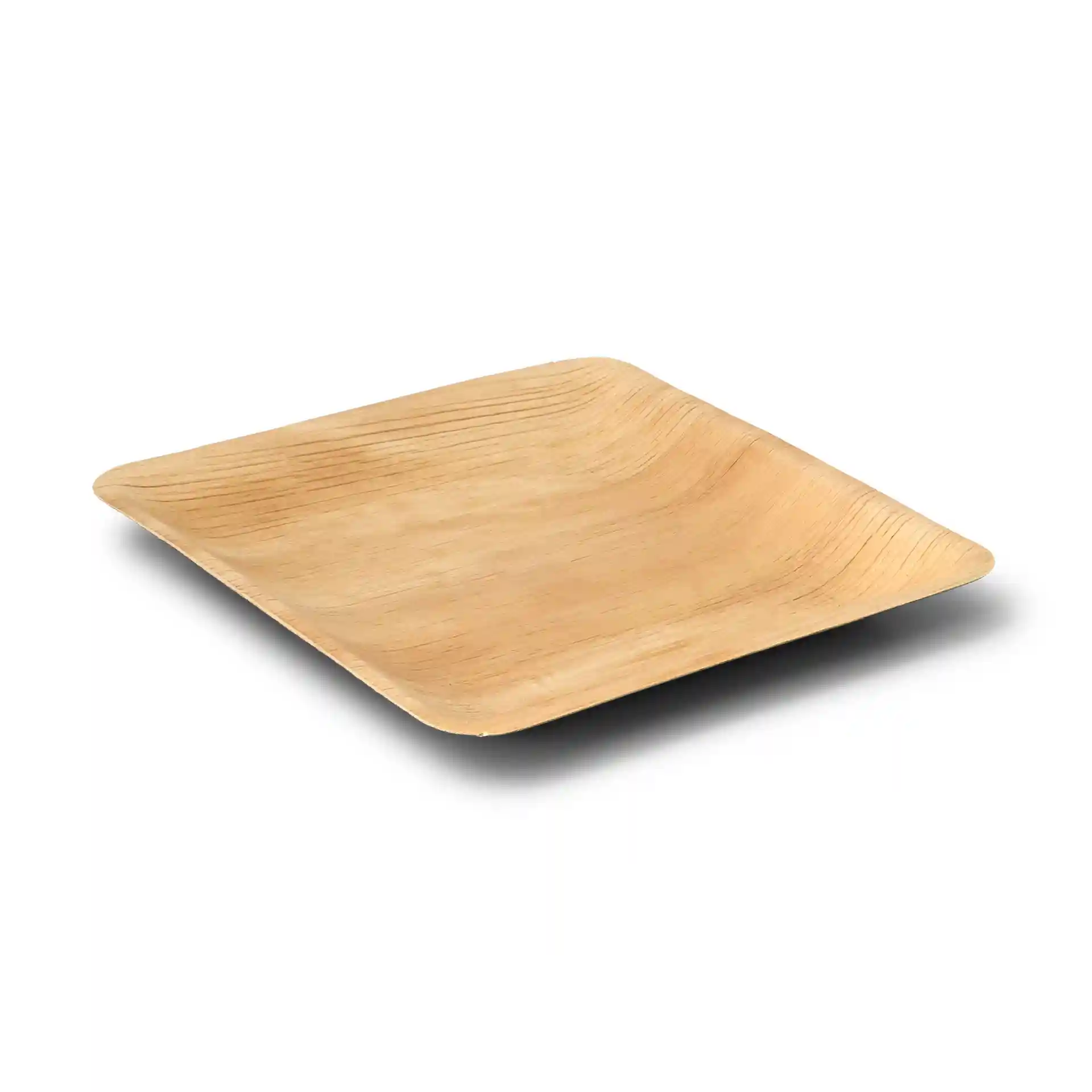 Square palm leaf plate with a grain texture, measuring 23 x 23 cm and 2.4 cm in height.