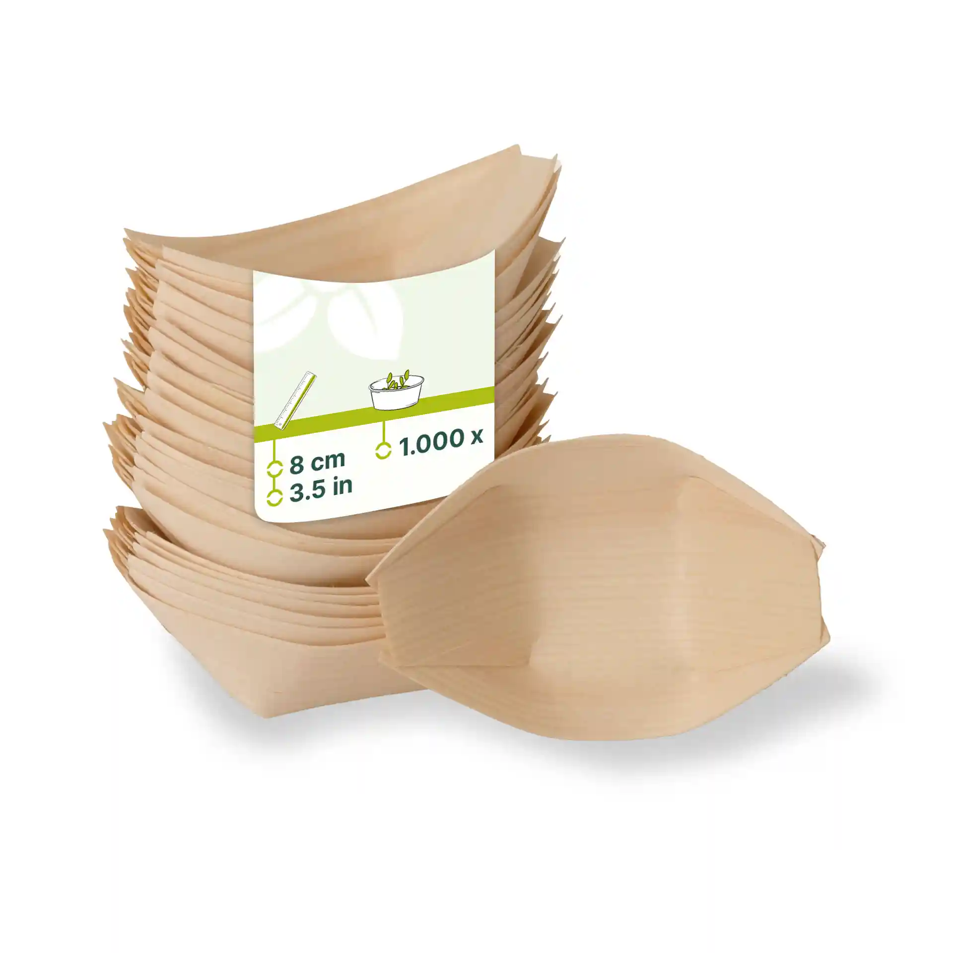 Stack of wooden boat-shaped containers, each measuring 8 cm in length, with a label showing dimensions and quantity.