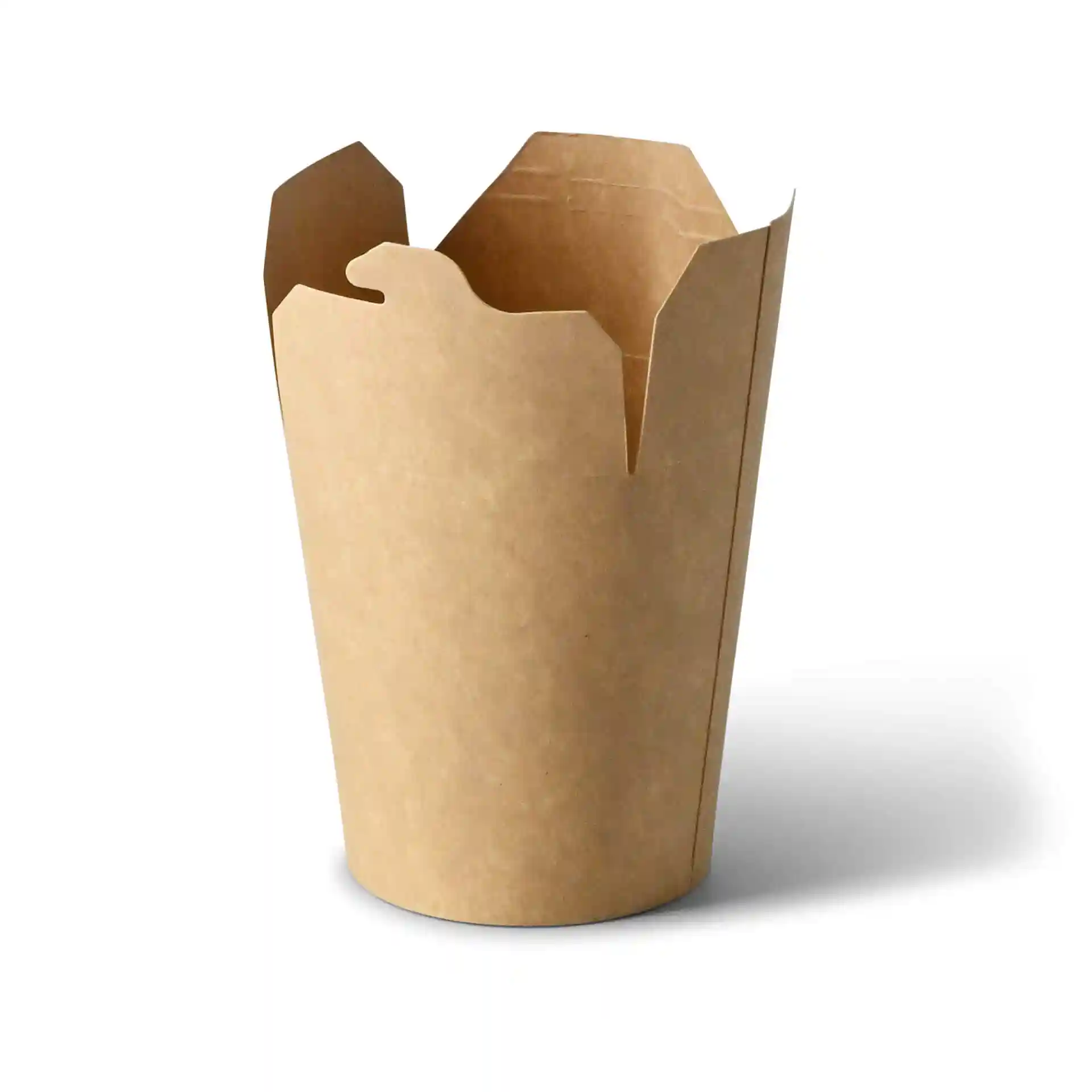 Brown cardboard noodle box with a round shape, measuring 100 mm in height and 75 mm in width.