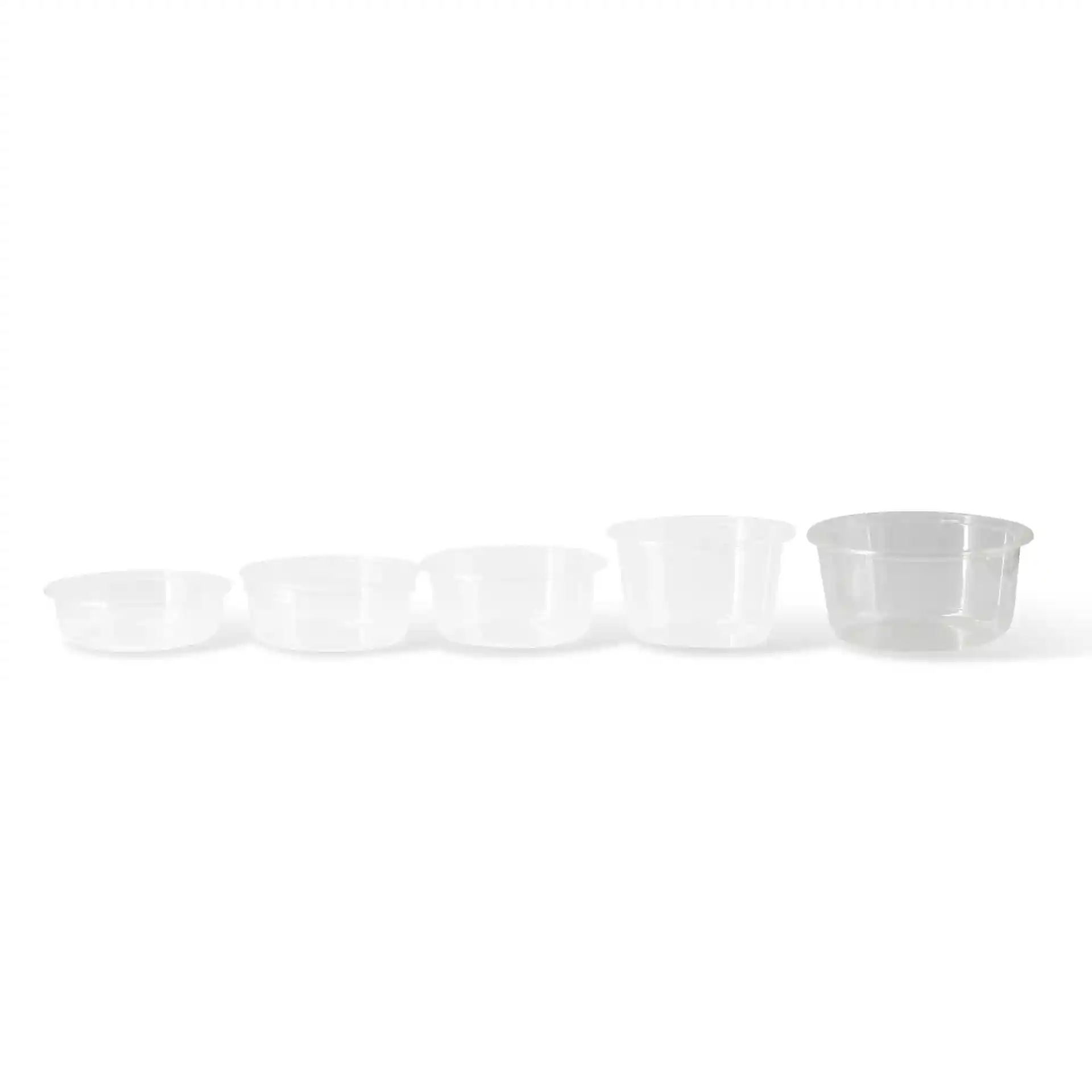 Set of five transparent round deli containers in varying sizes, displayed from smallest to largest.