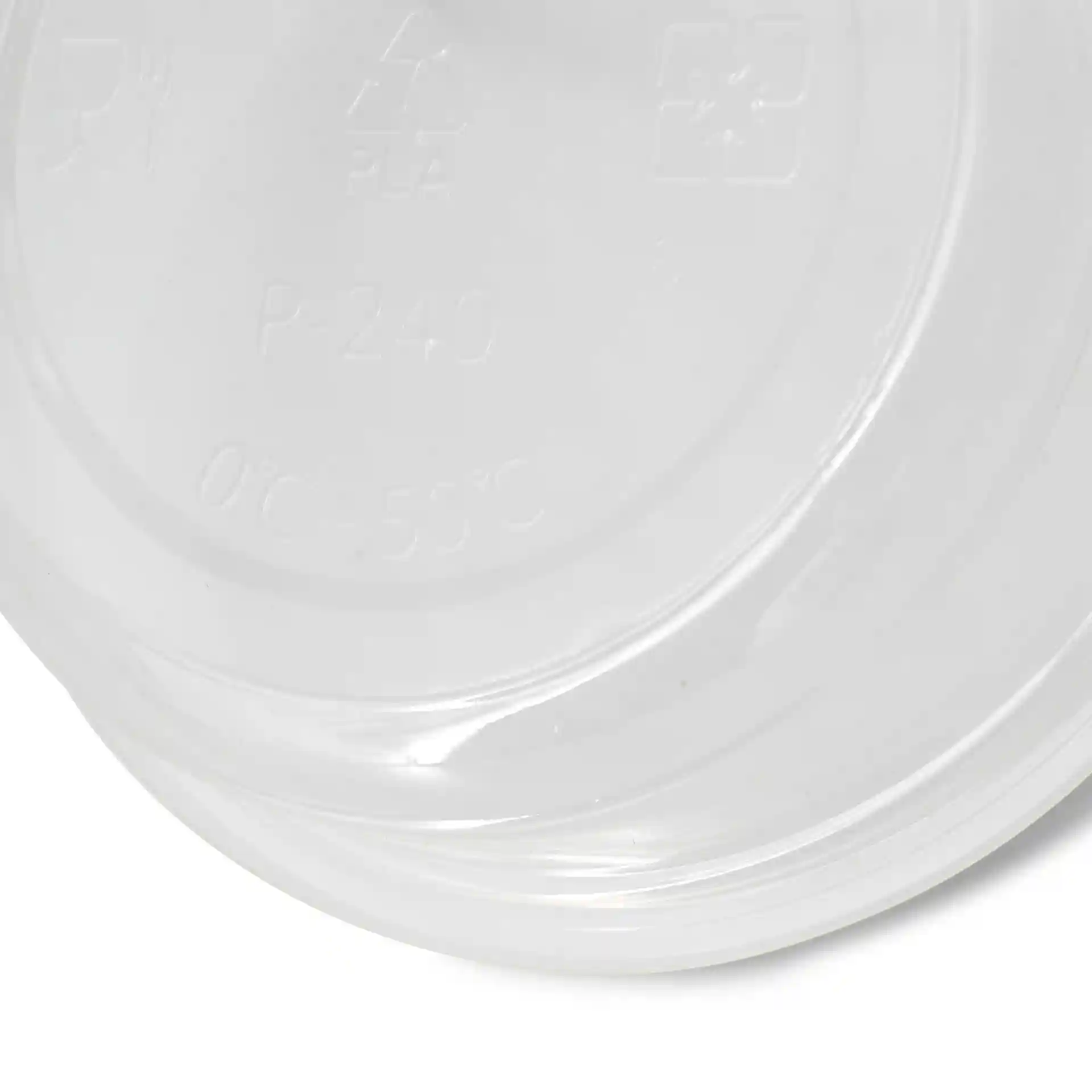 Transparenter runder Deckel für Deli-Behälter mit Markierungen, einschließlich Recycling-Symbol und Temperaturbereich von 0°C bis 50°C.