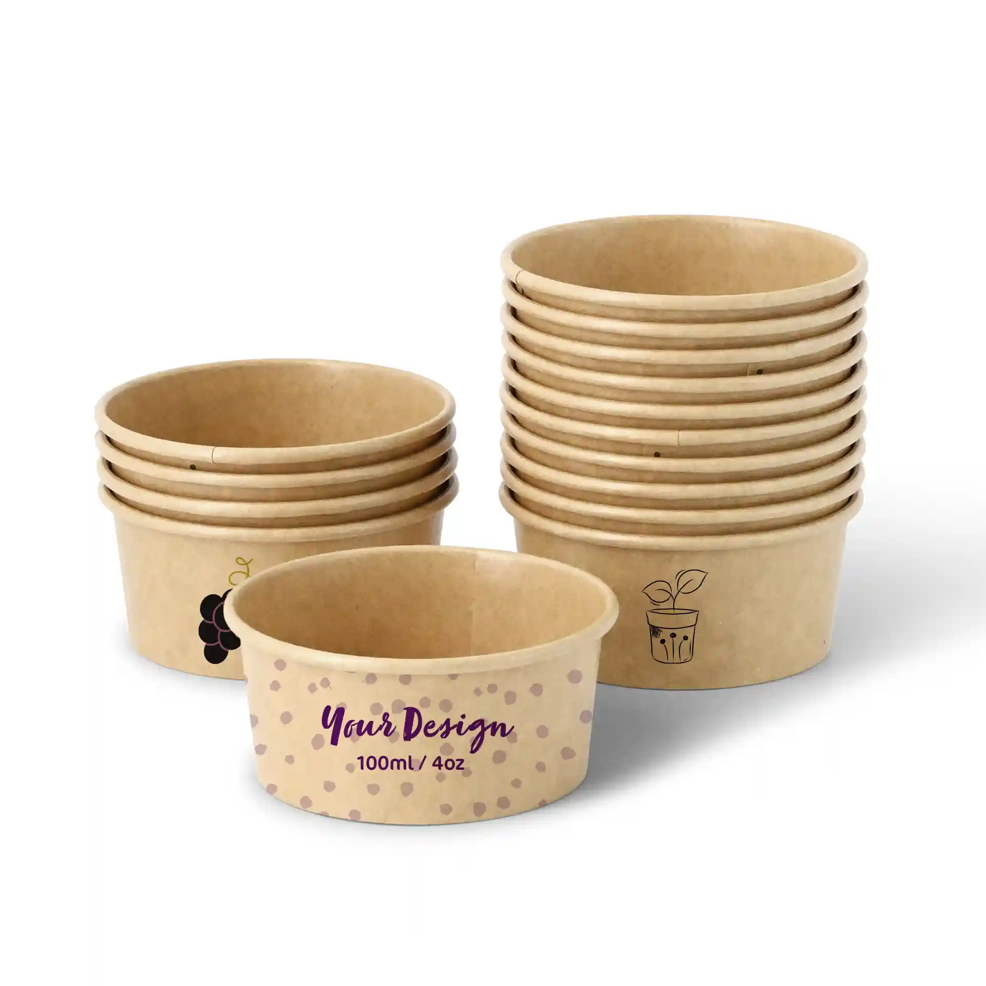 Stack of brown cardboard ice cream cups with one cup featuring a design and text, showing various graphics and sizes.