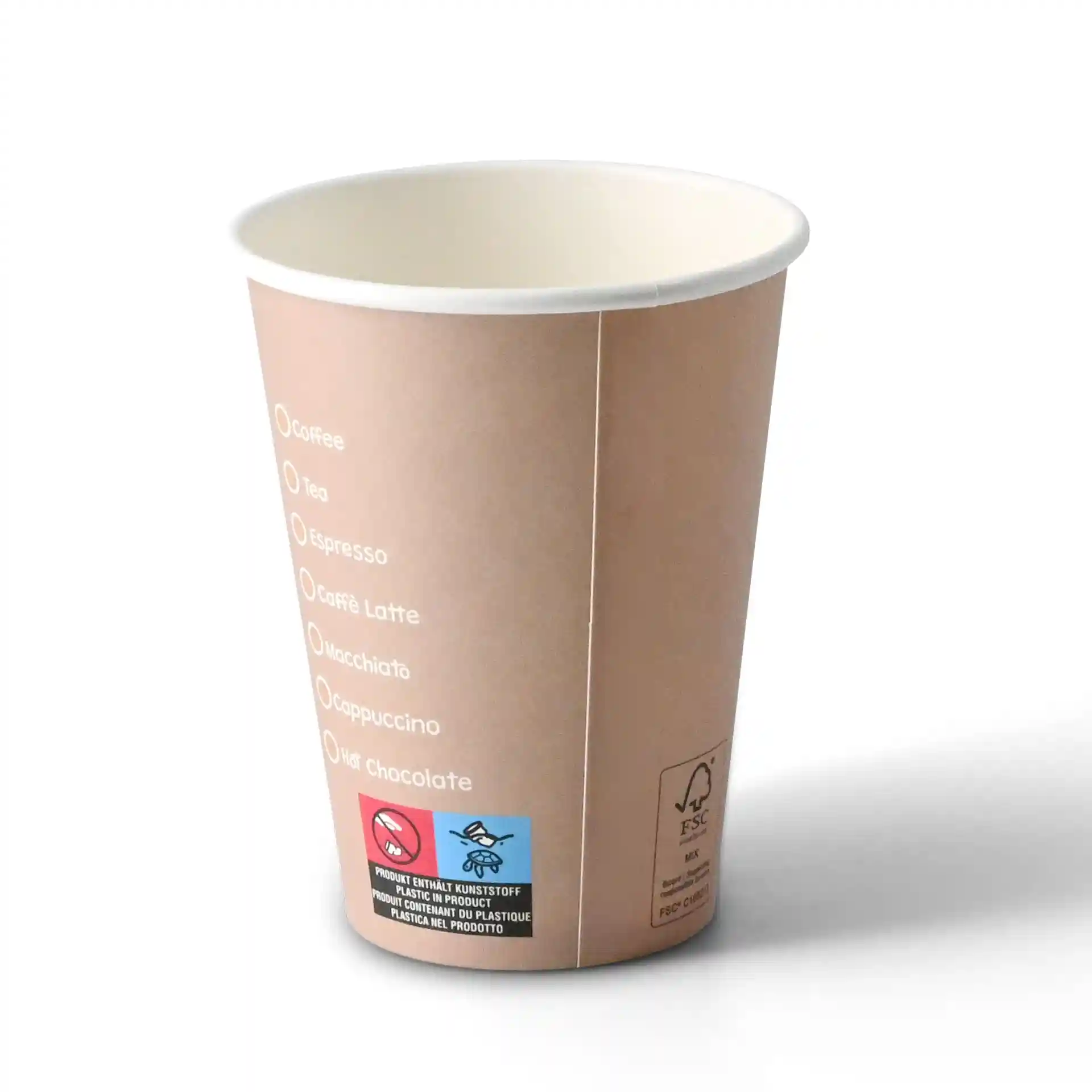 Round 12 oz paper cup with printed beverage options, featuring a white interior and a coated exterior.