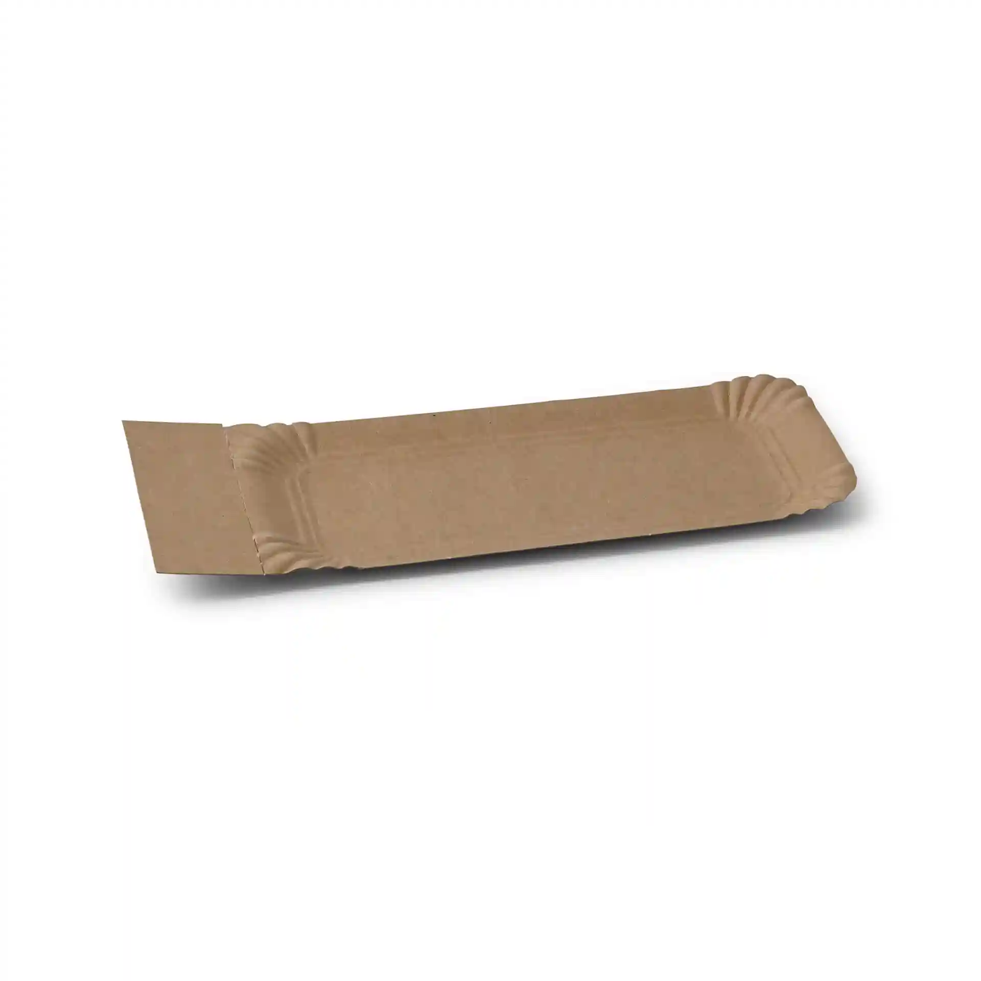 Brauner rechteckiger Pappteller mit gewelltem Rand, 177 mm x 80 mm, aus Karton.