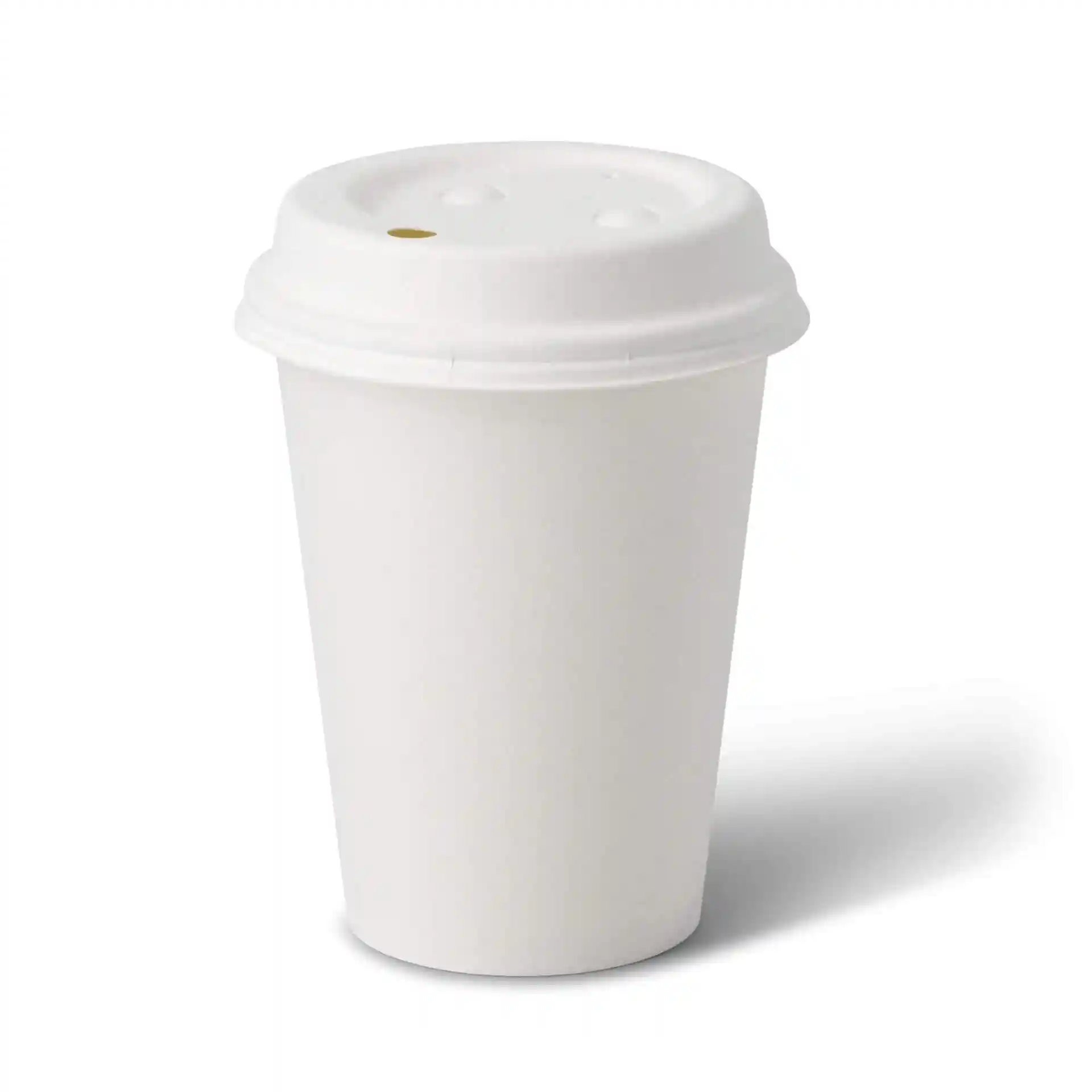 White paper cup with a round shape, 12 oz capacity, and a coated surface, featuring a lid with two holes.