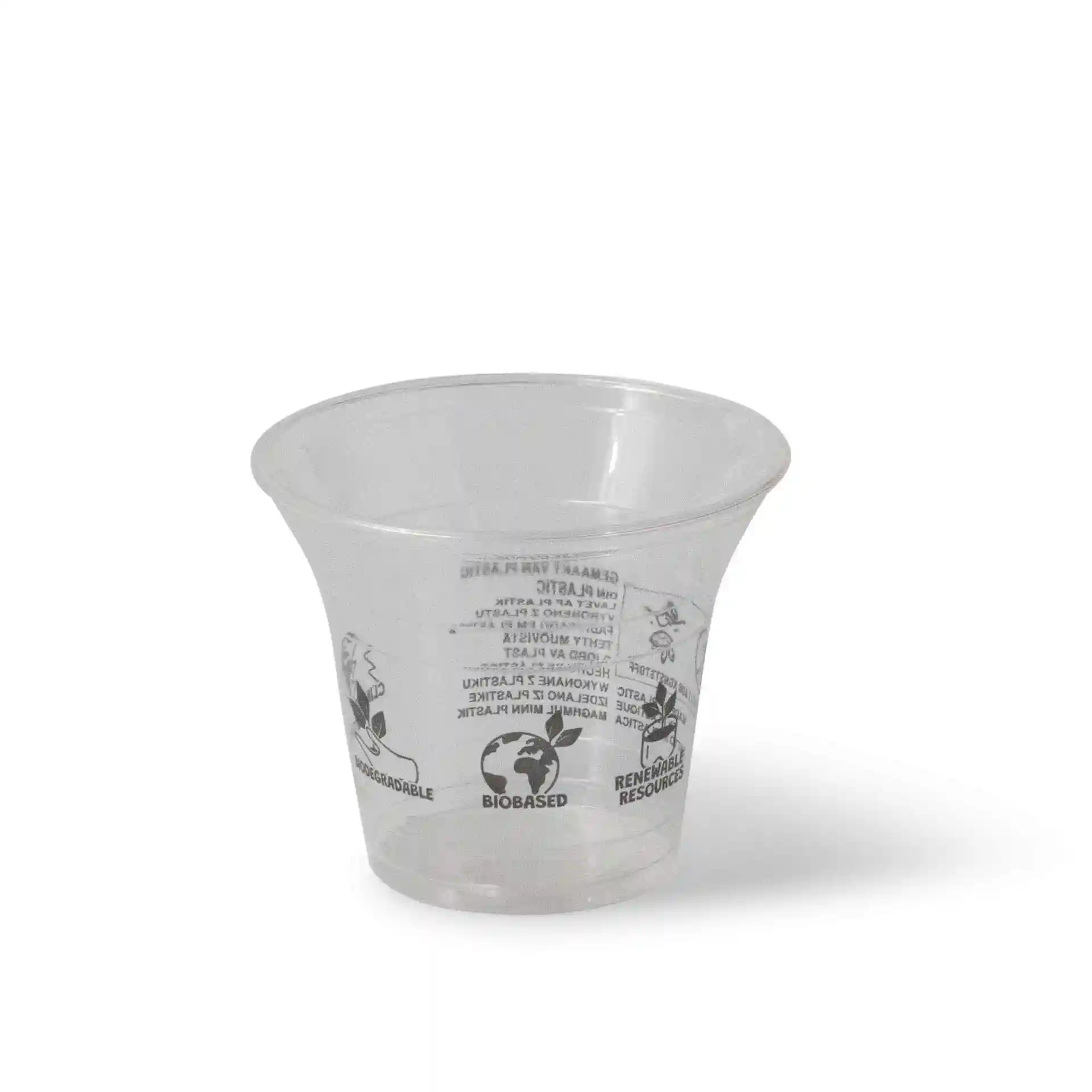 Transparenter 8 oz PLA Smoothie-Becher mit ausladendem Rand und ohne Beschichtung, mit verschiedenen Symbolen auf der Oberfläche.