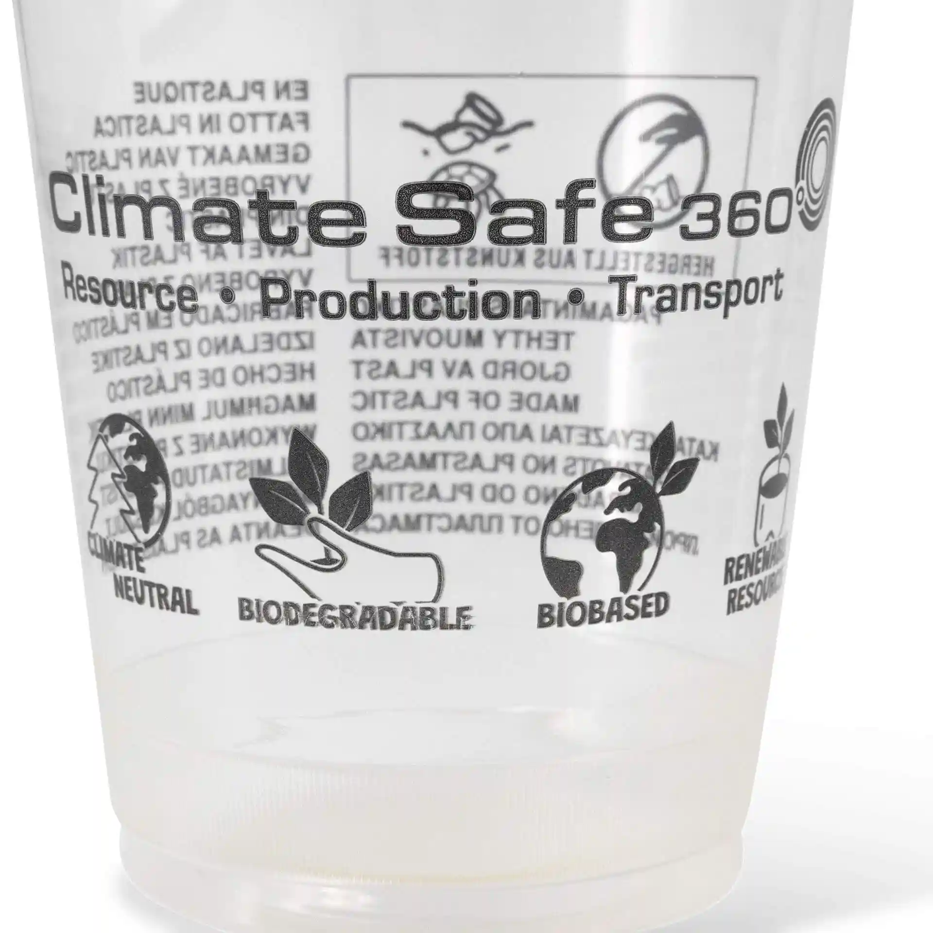 Transparent 16 oz PLA smoothie cup with printed symbols and text on the surface.