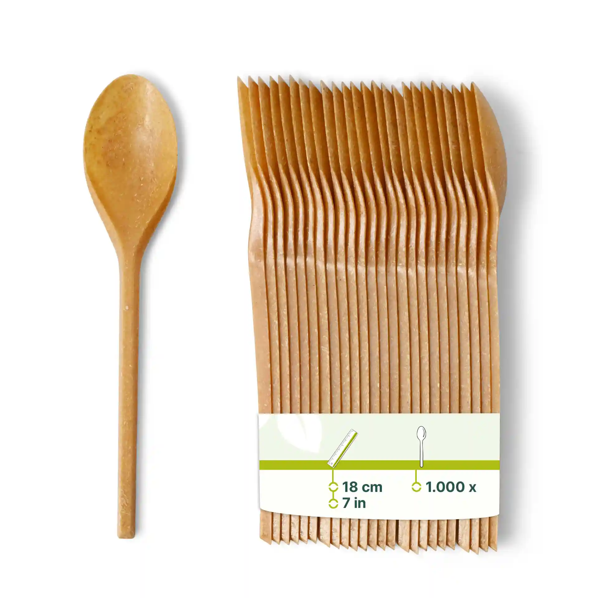 Brown reusable spoons made from bio compound, measuring 18 cm, with multiple spoons bundled together.