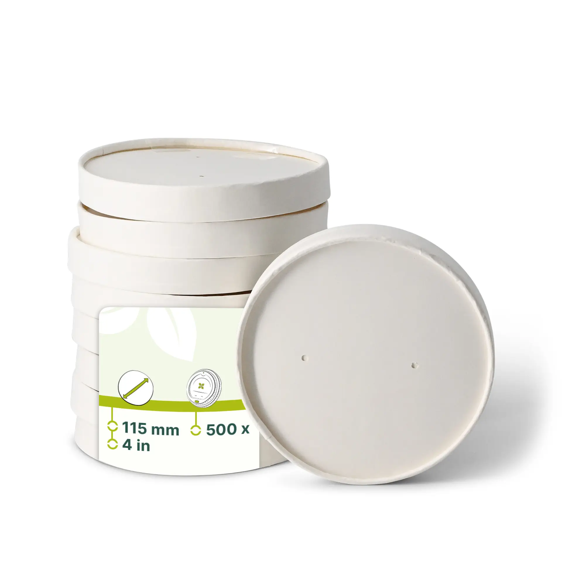 Cardboard membrane lids (coated) Ø 115 mm, white (for soup containers) Cardboard membrane lids (coated) Ø 115 mm, white (for soup containers)