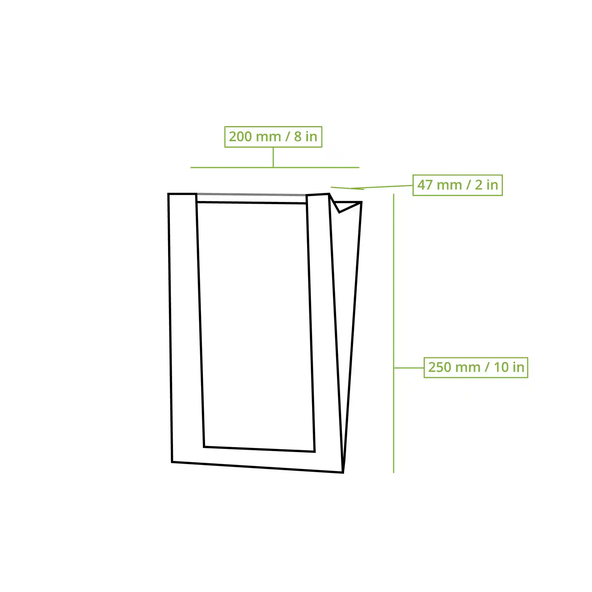 Schematic drawing of a flat paper bread bag with dimensions labeled: 200 mm length, 250 mm height, and 50 mm width.