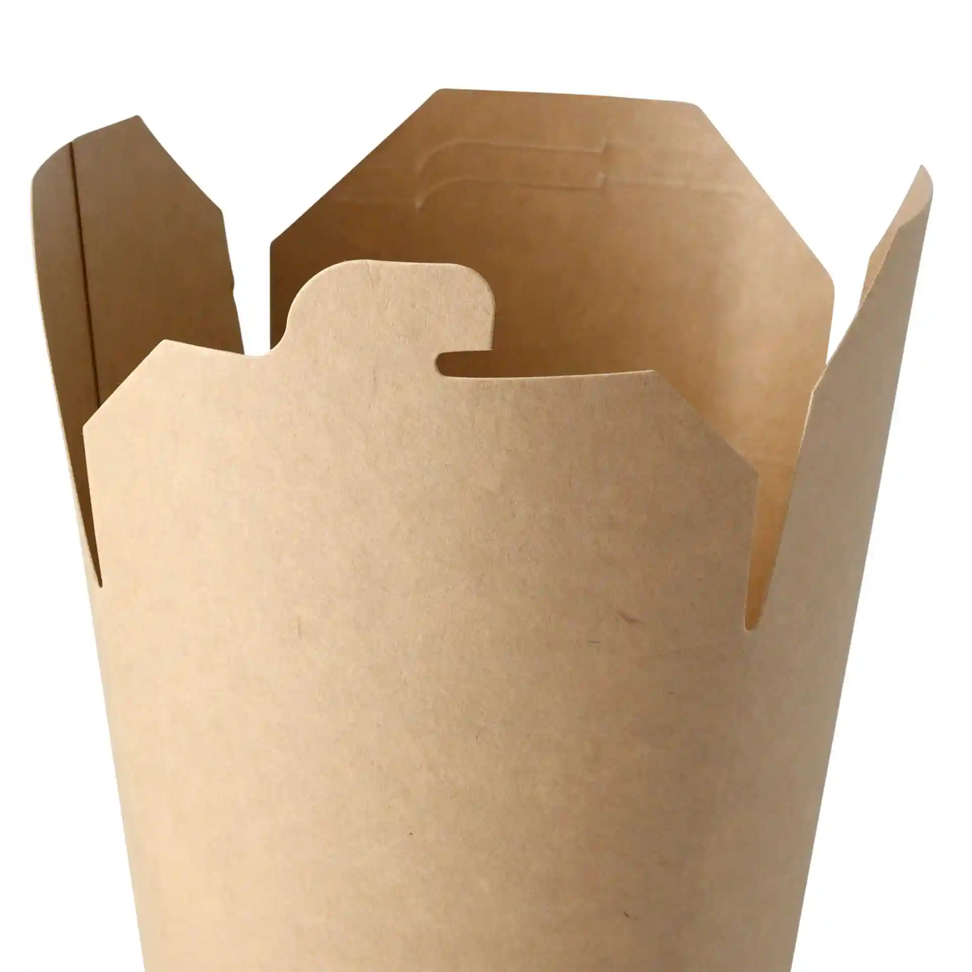 Brown cardboard noodle box with a round shape and open top, showing the inner structure and flaps.