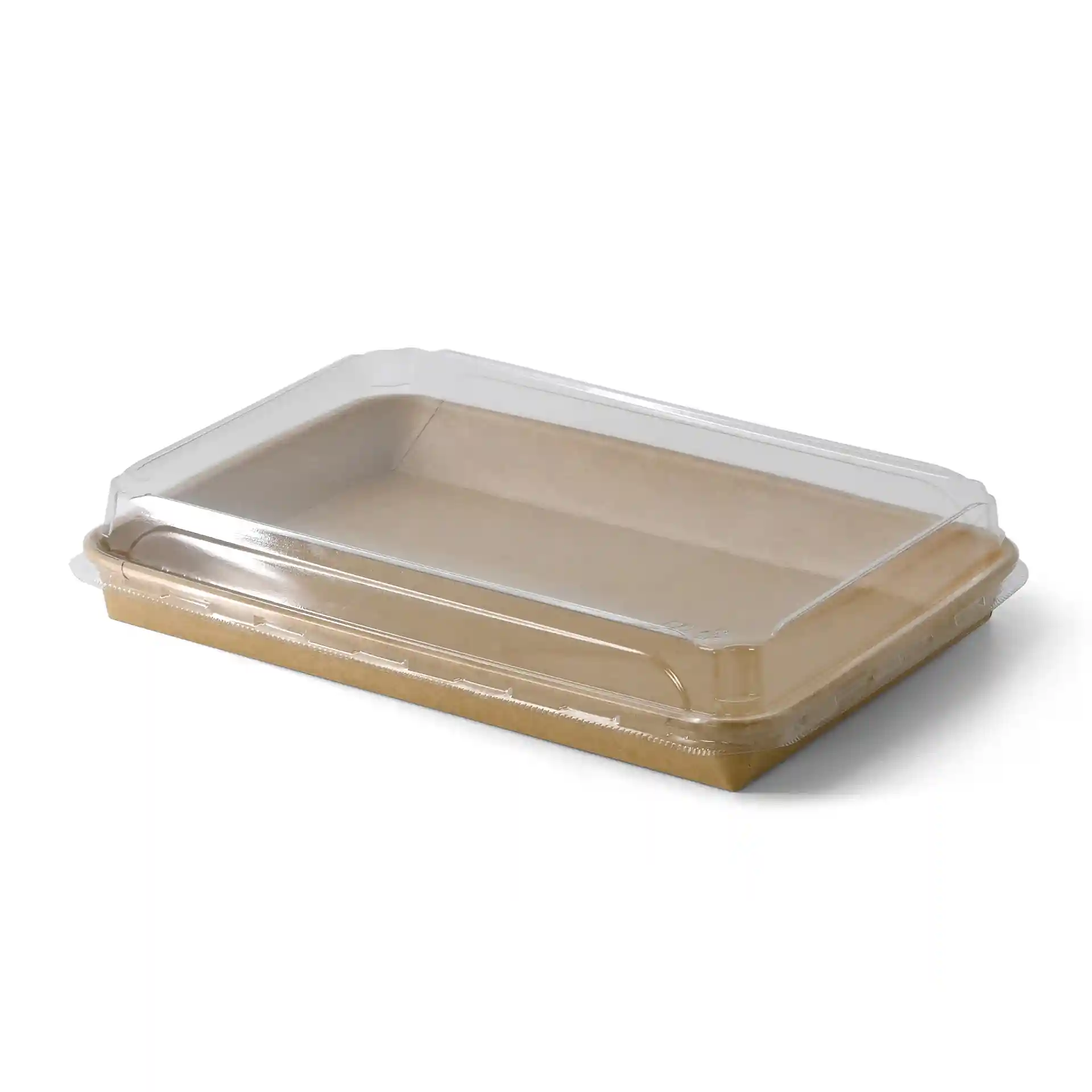 Braune Sushi-Box mit klarem Deckel, 25,5 x 18 x 3 cm, mit PE-beschichteter Oberfläche.