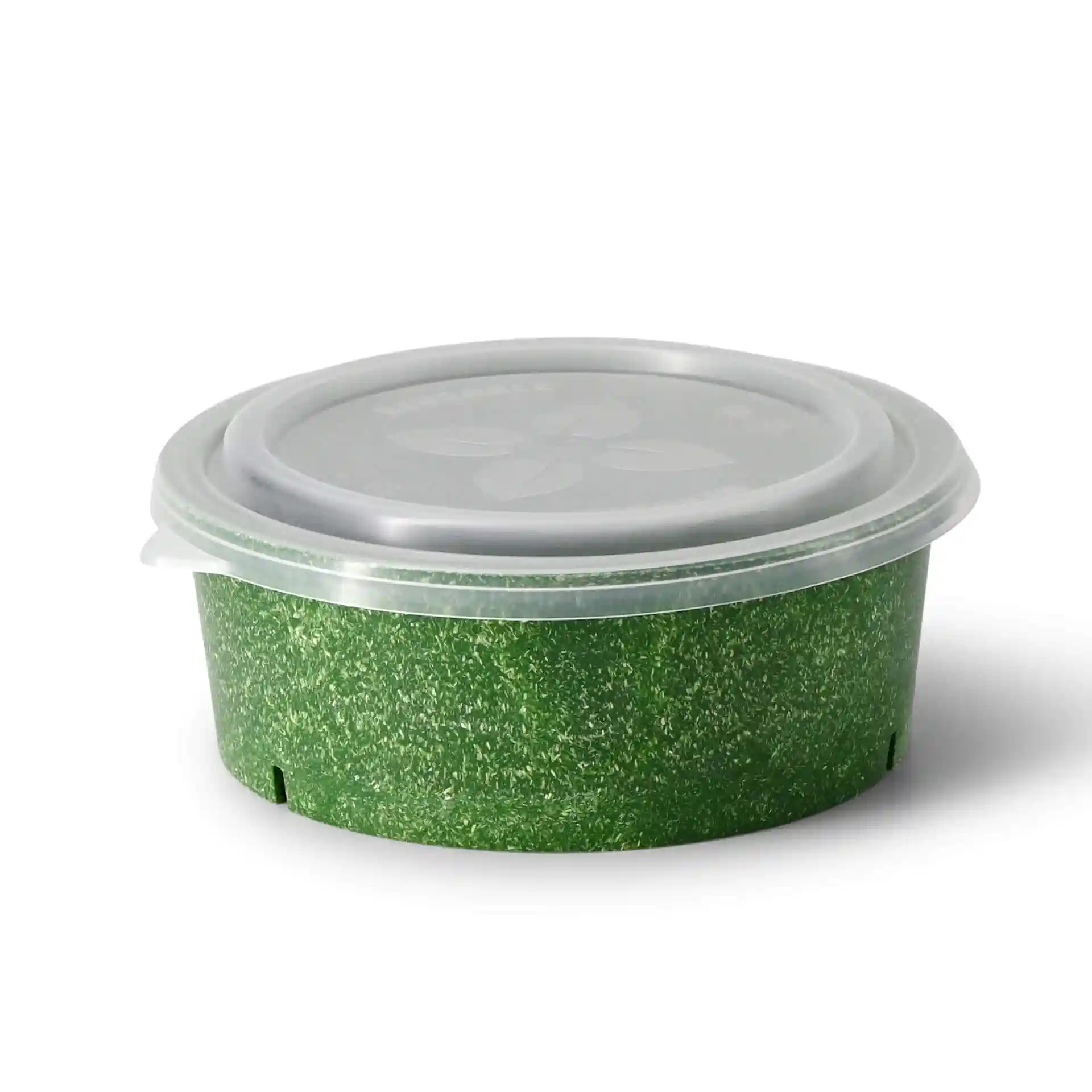 Round green bowl with a transparent lid, measuring 185 mm in diameter and 16 mm in height.