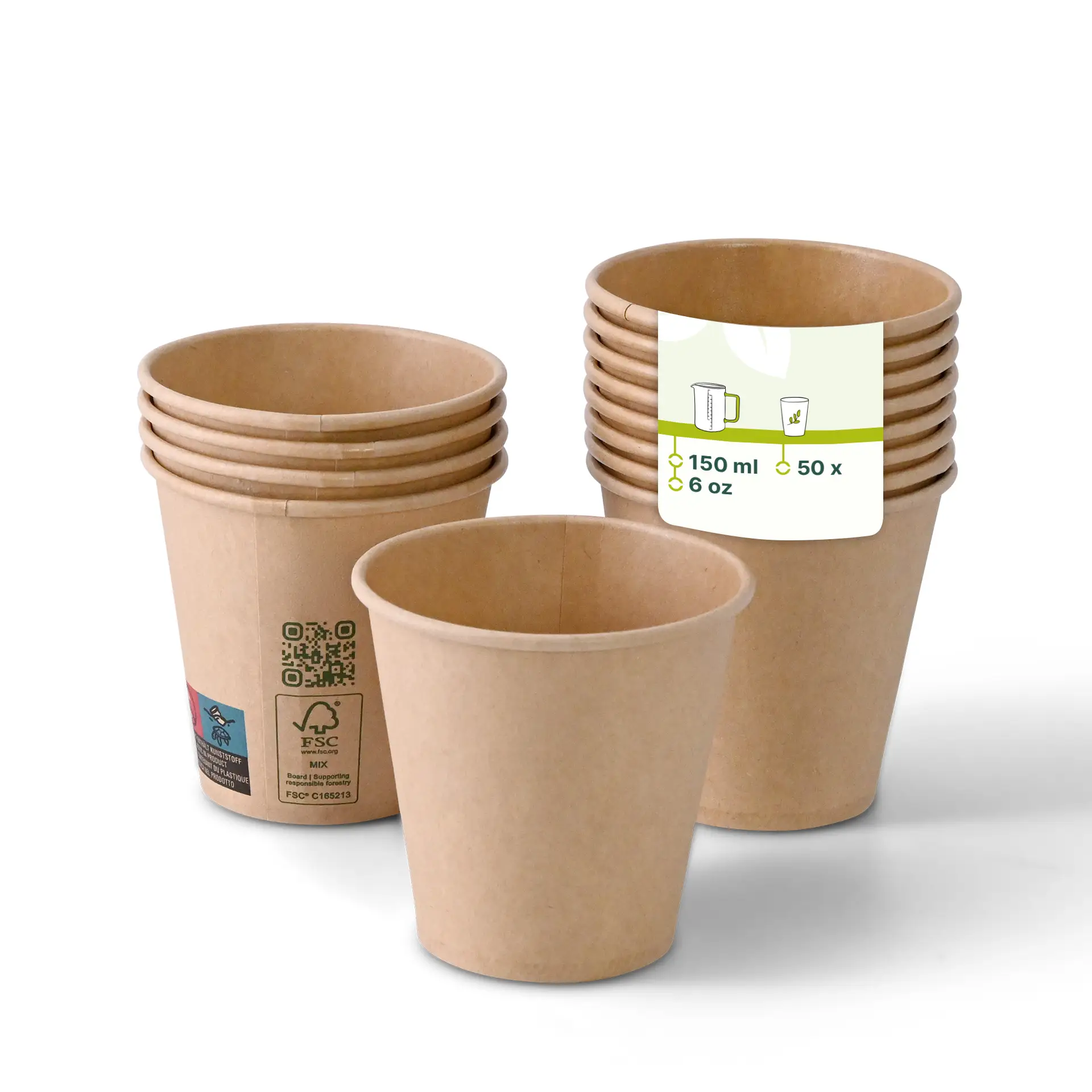 One brown single-wall paper cup (150 ml / 6 oz) with PLA coating, surrounded by more cups; features a printed label with product details.