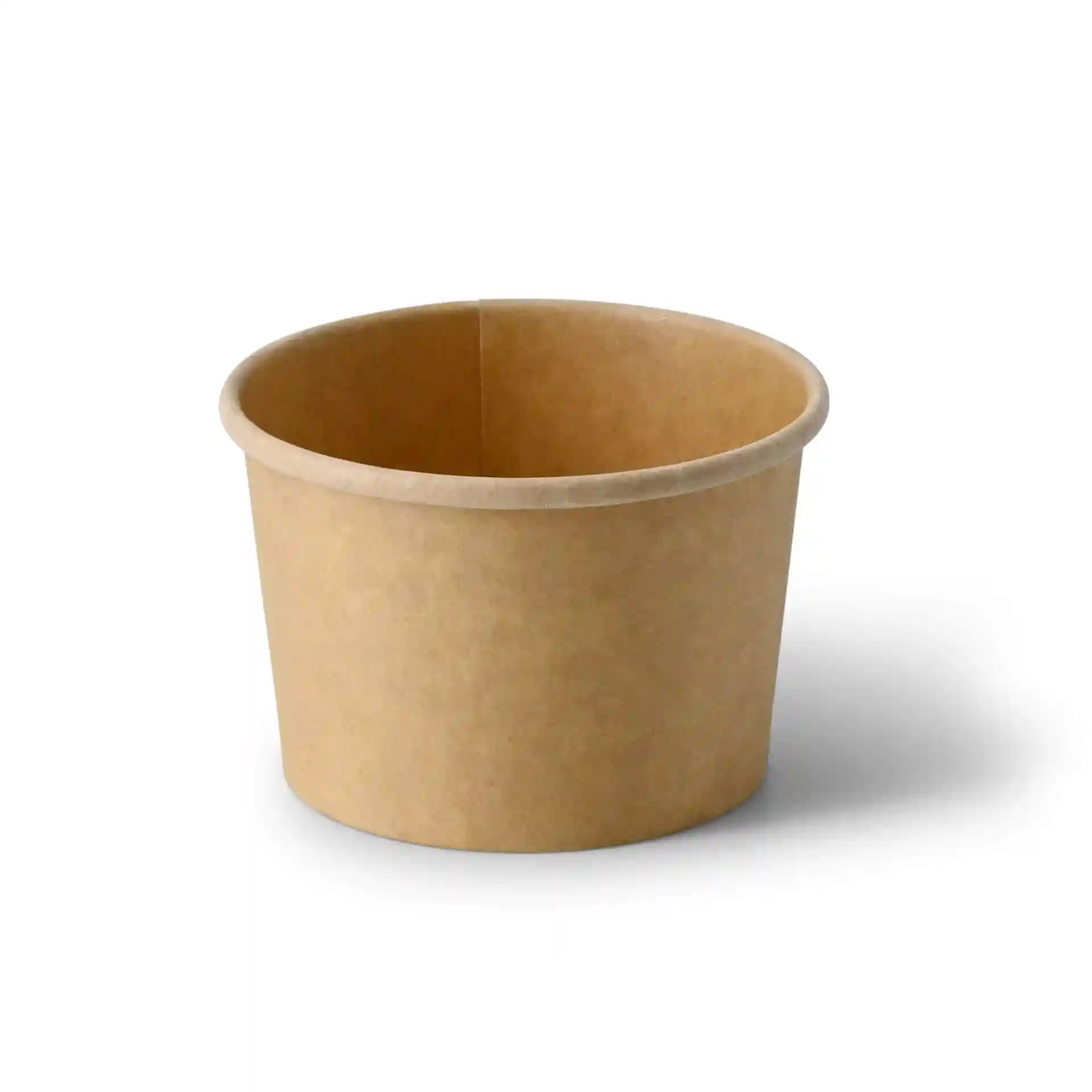 Brown cardboard soup cup with a round shape, 200 ml capacity, and an eco-friendly coating.