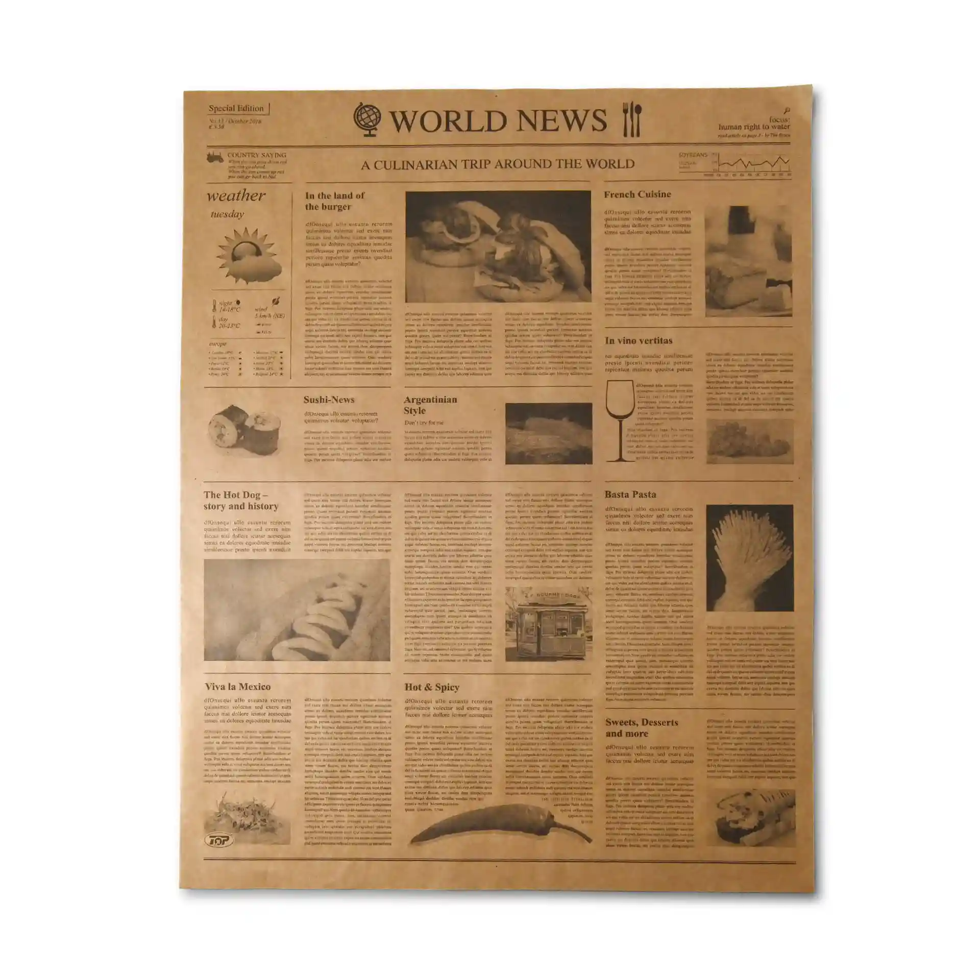 Printed greaseproof paper with a newspaper design, measuring 50 x 37.5 cm, in kraft color.