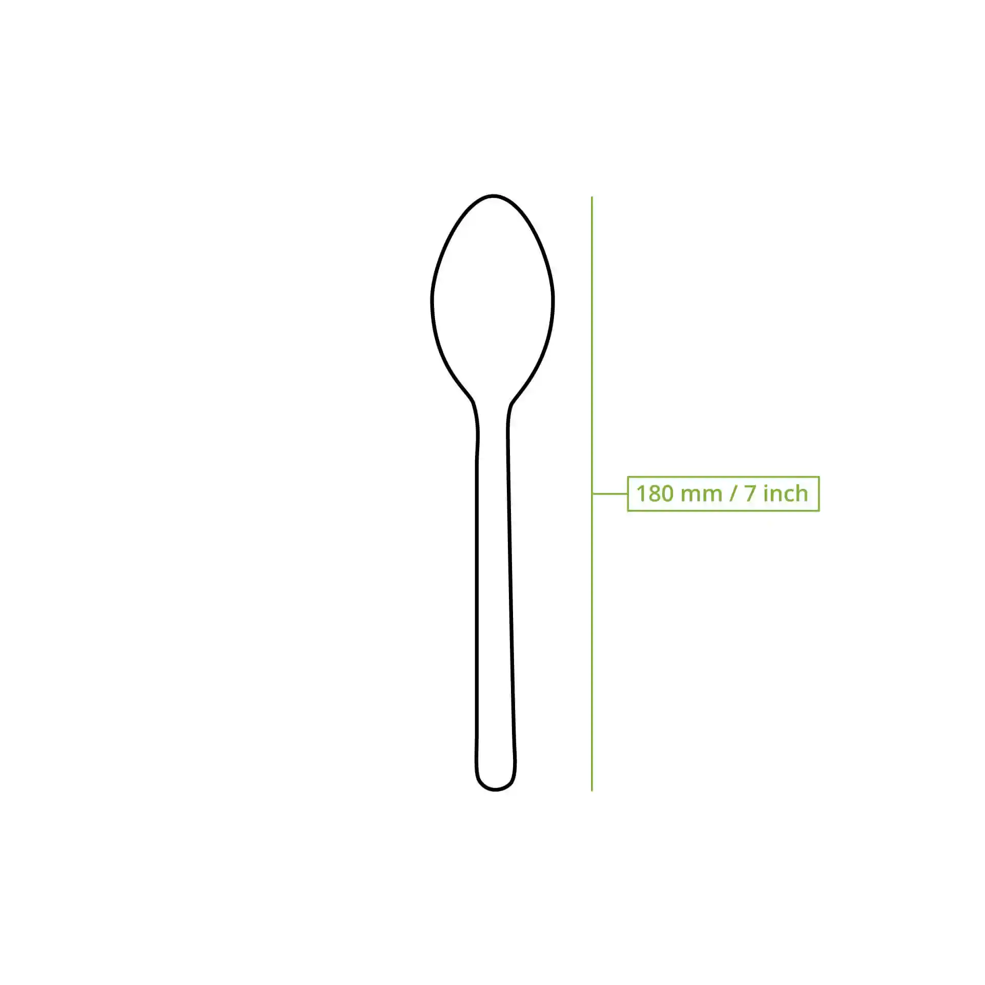 Schematic drawing of a brown reusable spoon, measuring 180 mm or 7 inches in length.
