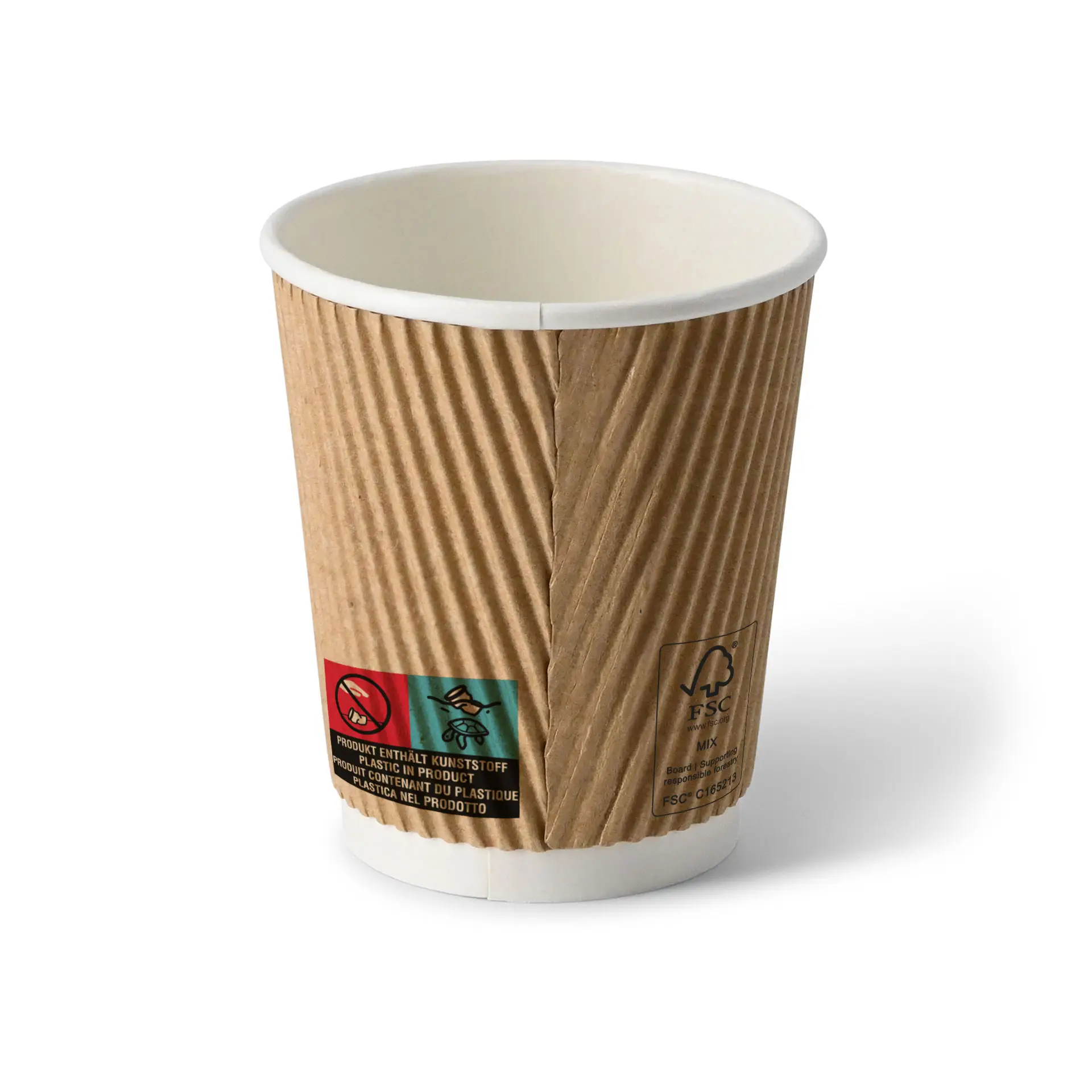 Brown ripple take away coffee cup, 8 oz size, with white interior; designed for hot and cold beverages.