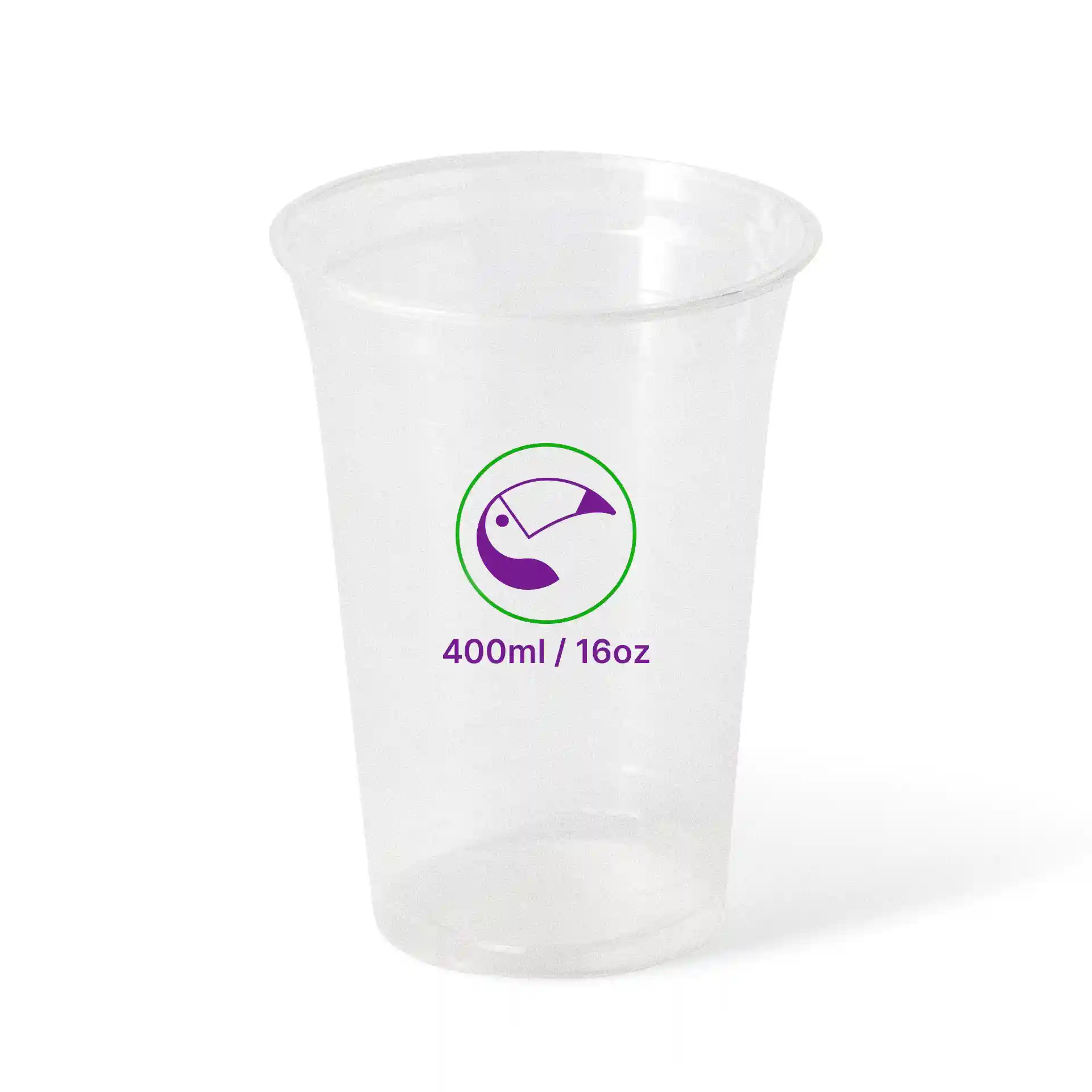 Klarer Plastikbecher mit einem Fassungsvermögen von 400 ml, mit grünem und lila Maßsymbol.
