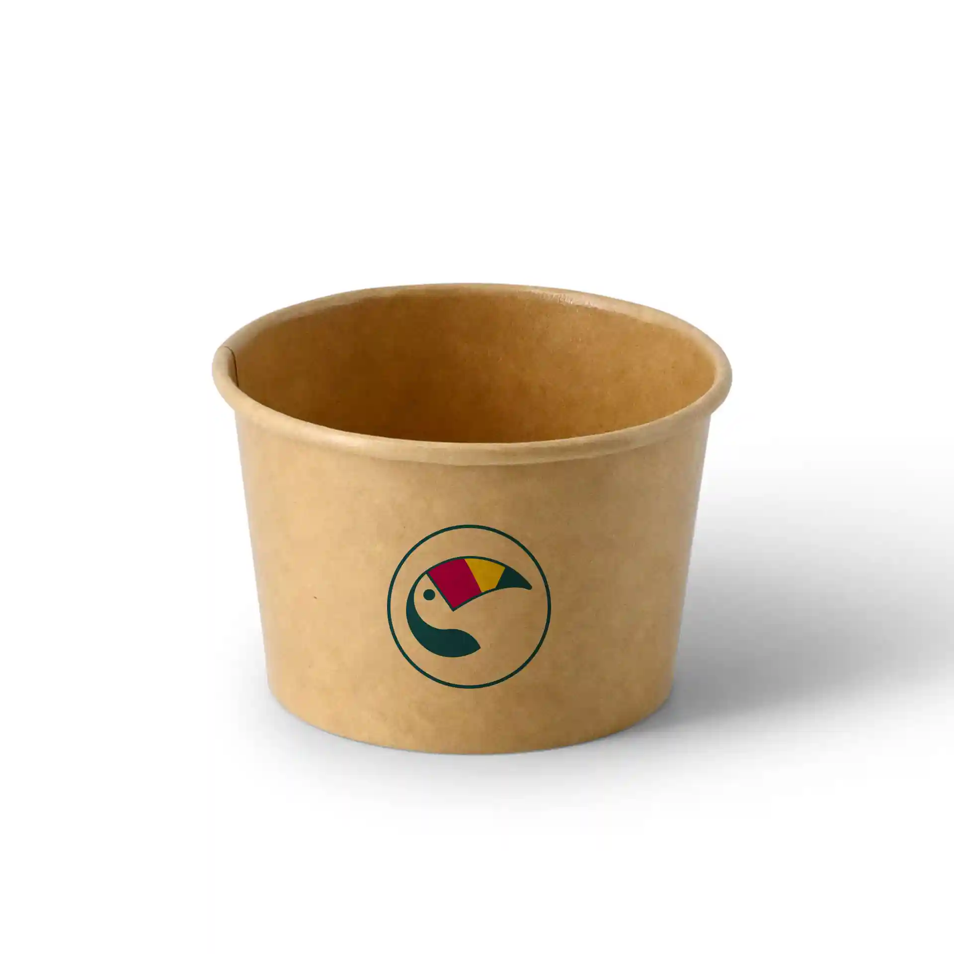 Brauner Pappbecher für Eis mit runder Form und buntem Tukansymbol, 125 ml Fassungsvermögen.