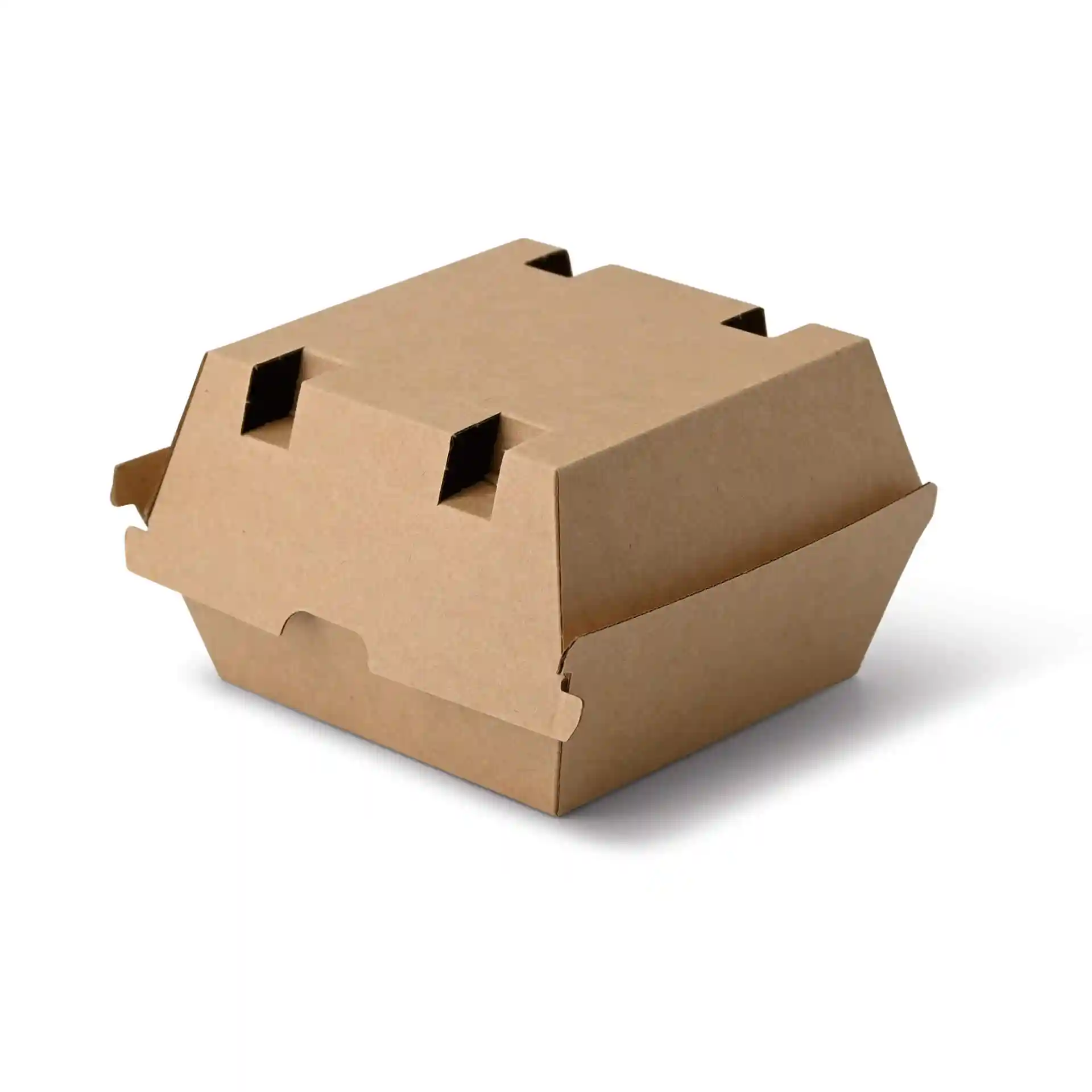 Brown cardboard burger box with a square shape, measuring 13 x 14 x 8 cm, featuring flaps for closure.