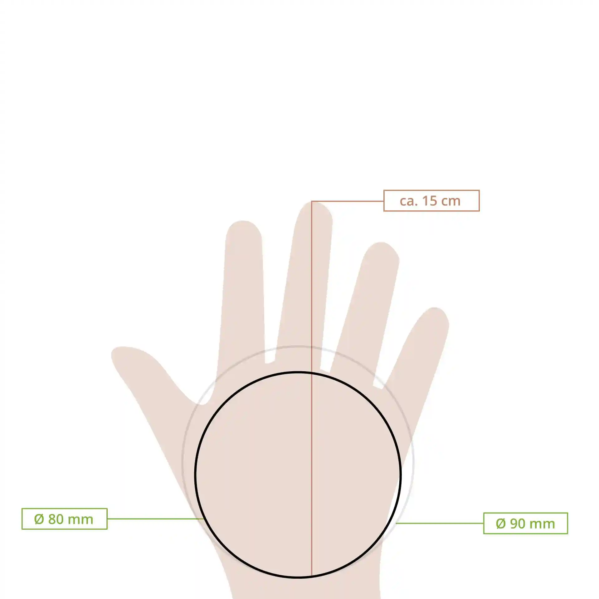 Schematische Zeichnung einer Hand mit einem Kreis, der die Maße Ø 80 mm und Ø 90 mm anzeigt, beschriftet mit Maßen.