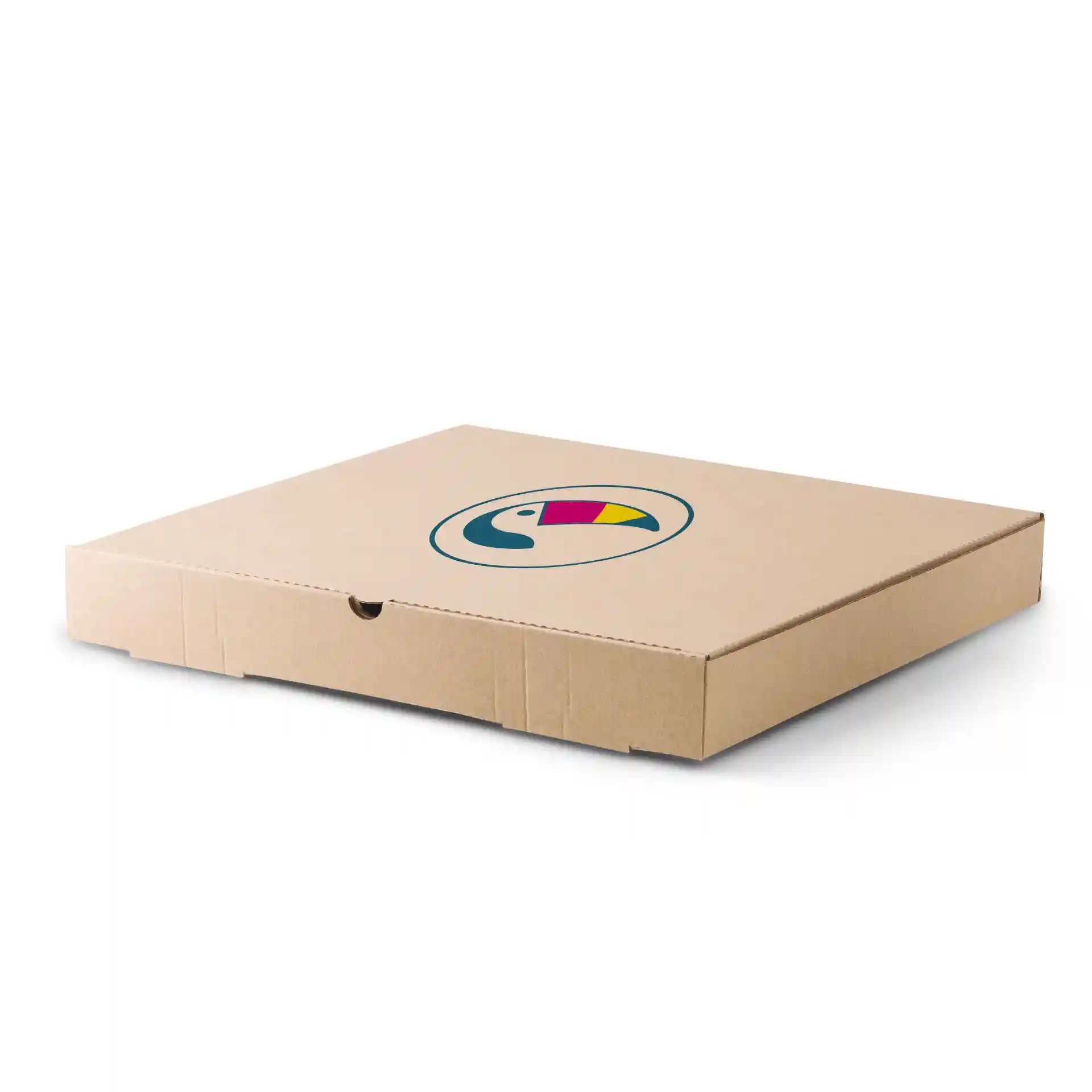 Brown pizza box with a circular logo featuring a colorful toucan design, measuring 32 x 32 x 4 cm.