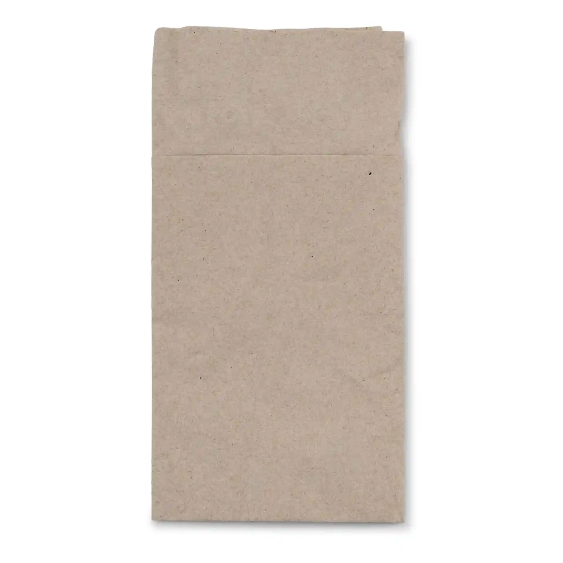 Rectangular unbleached paper cutlery pouch, 10 x 19.5 cm, with a printed recycling symbol.