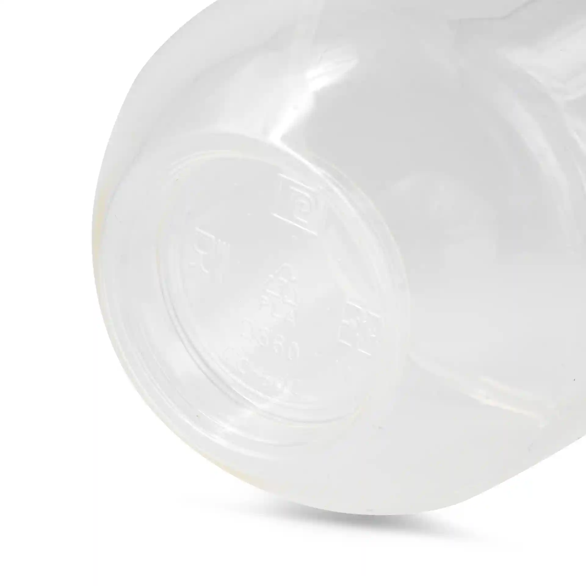Transparent PLA dessert cup with a diameter of 96 mm and a height of 83 mm, showing the bottom with markings.