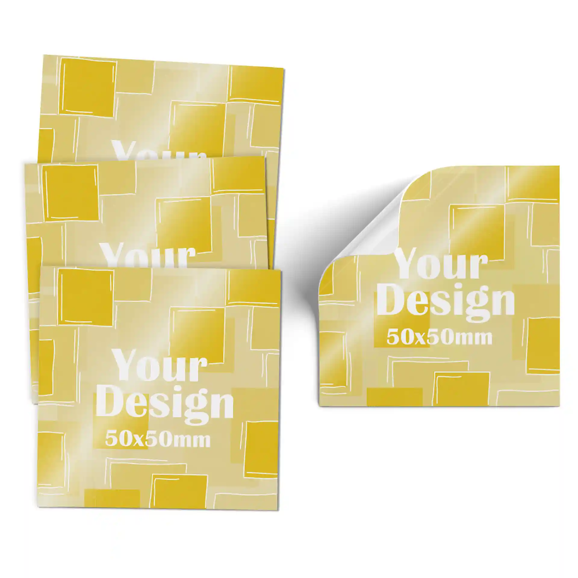 Four square printed labels on a yellow background, each measuring 50x50 mm, with a glossy finish.