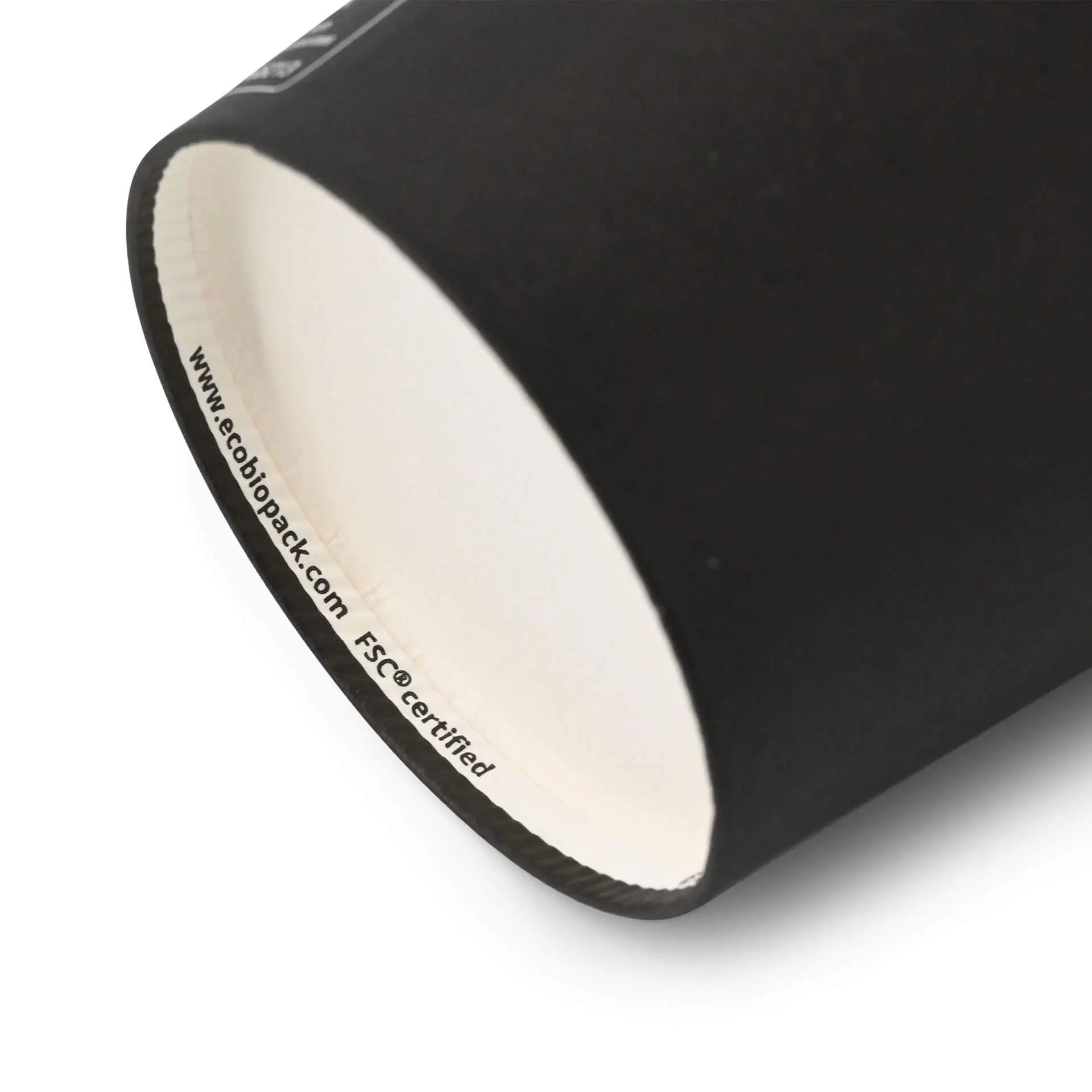 Black paper cup, 8 oz size, with a PE coating and visible internal markings.