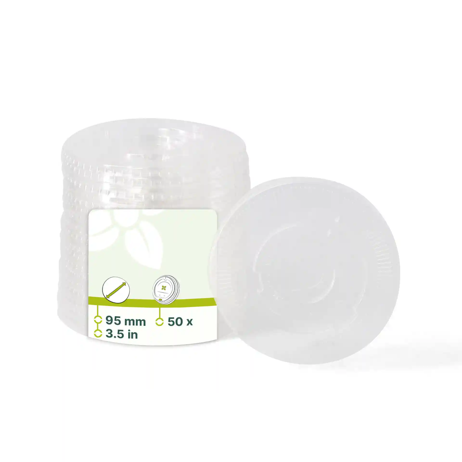 Klarer PLA-Flachdeckel mit einem Durchmesser von 95 mm, mit einem Strohhalmloch, gezeigt mit mehreren gestapelten Deckeln.