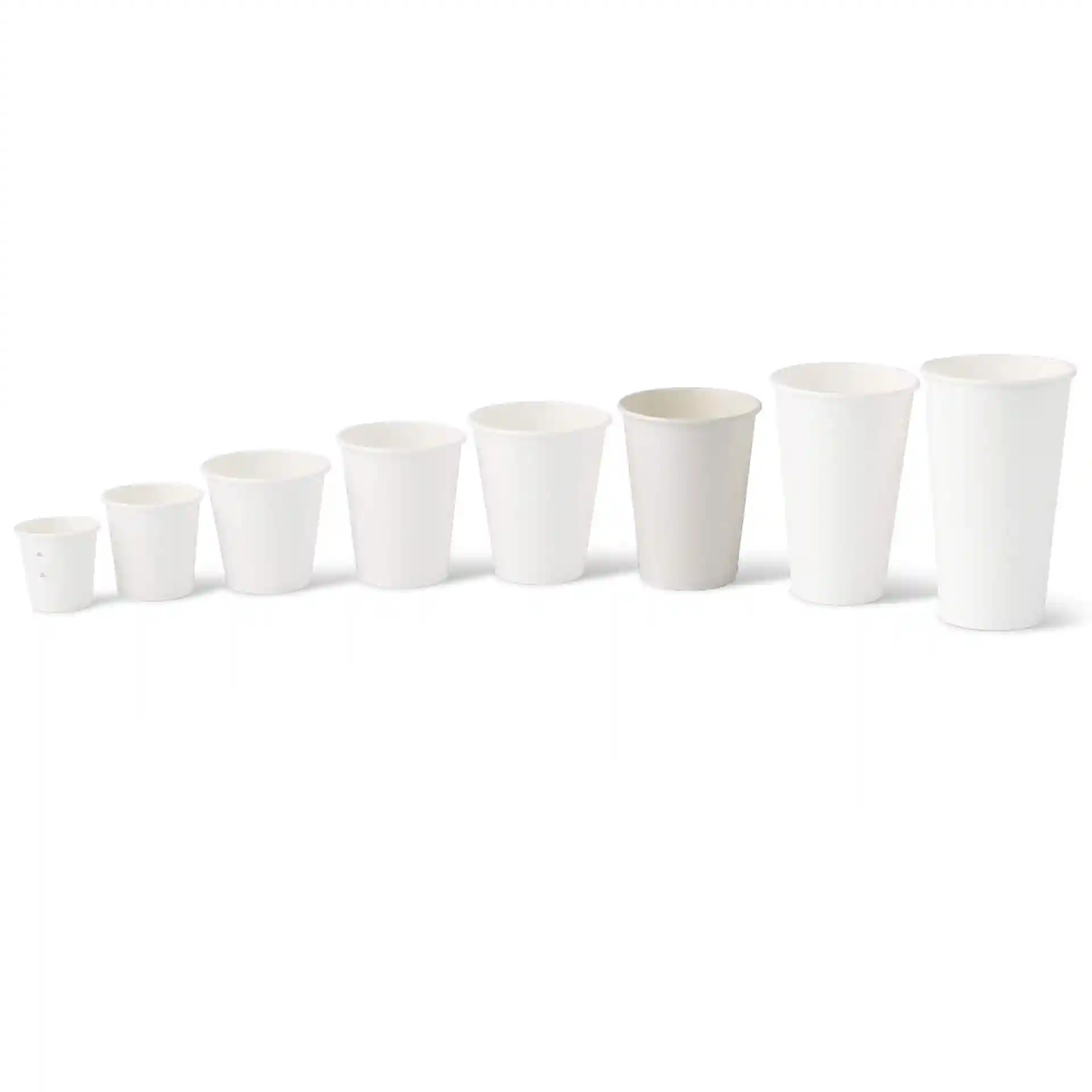 Image of multiple white paper cups in varying sizes arranged in a row, showcasing their round shape and cardboard material.