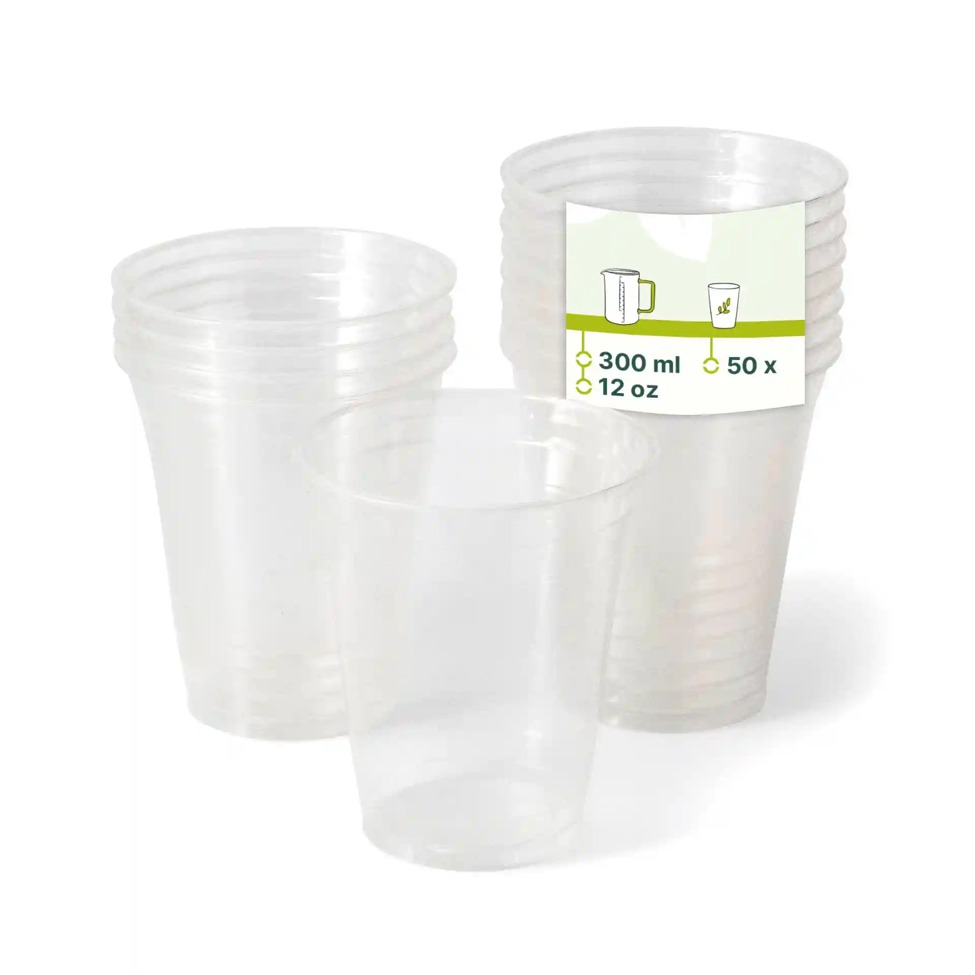 Transparente Plastikbecher gestapelt, mit einem Becher vorne und einem Etikett mit 300 ml und 50 Stück.