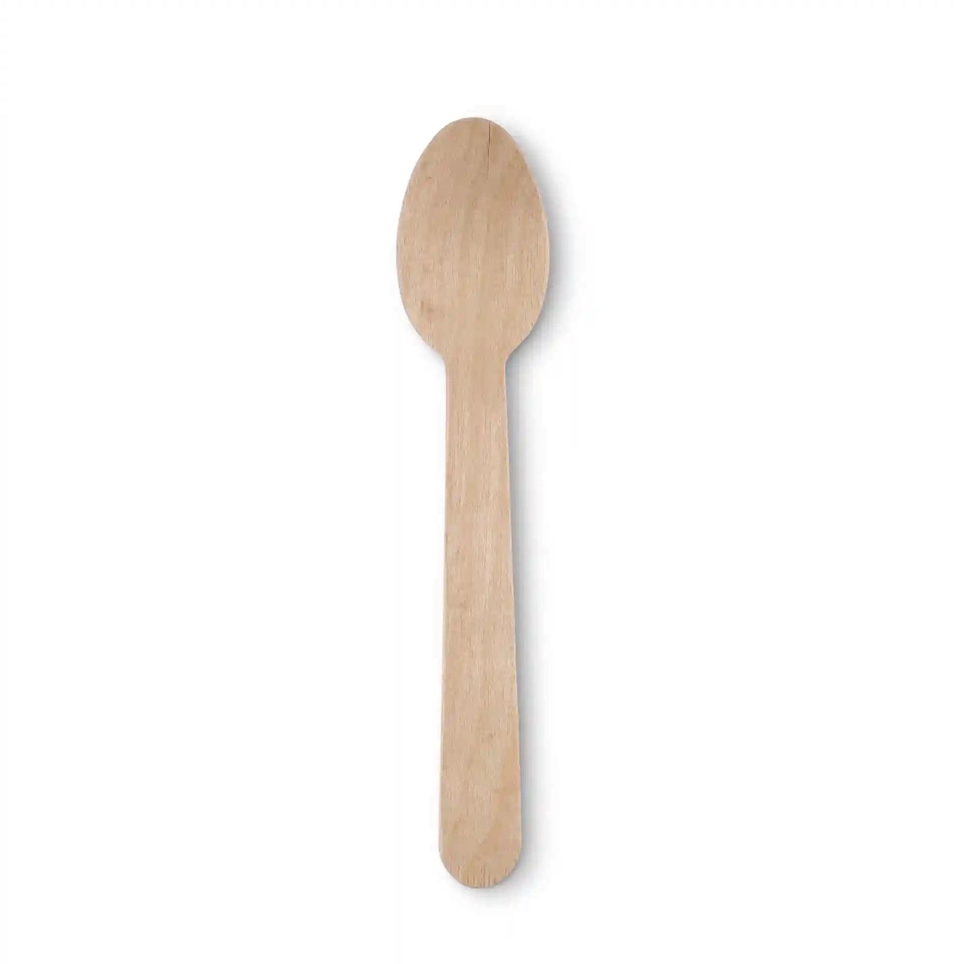 Wooden spoon, 14 cm long, with a brown finish, made of wood, on a white background.