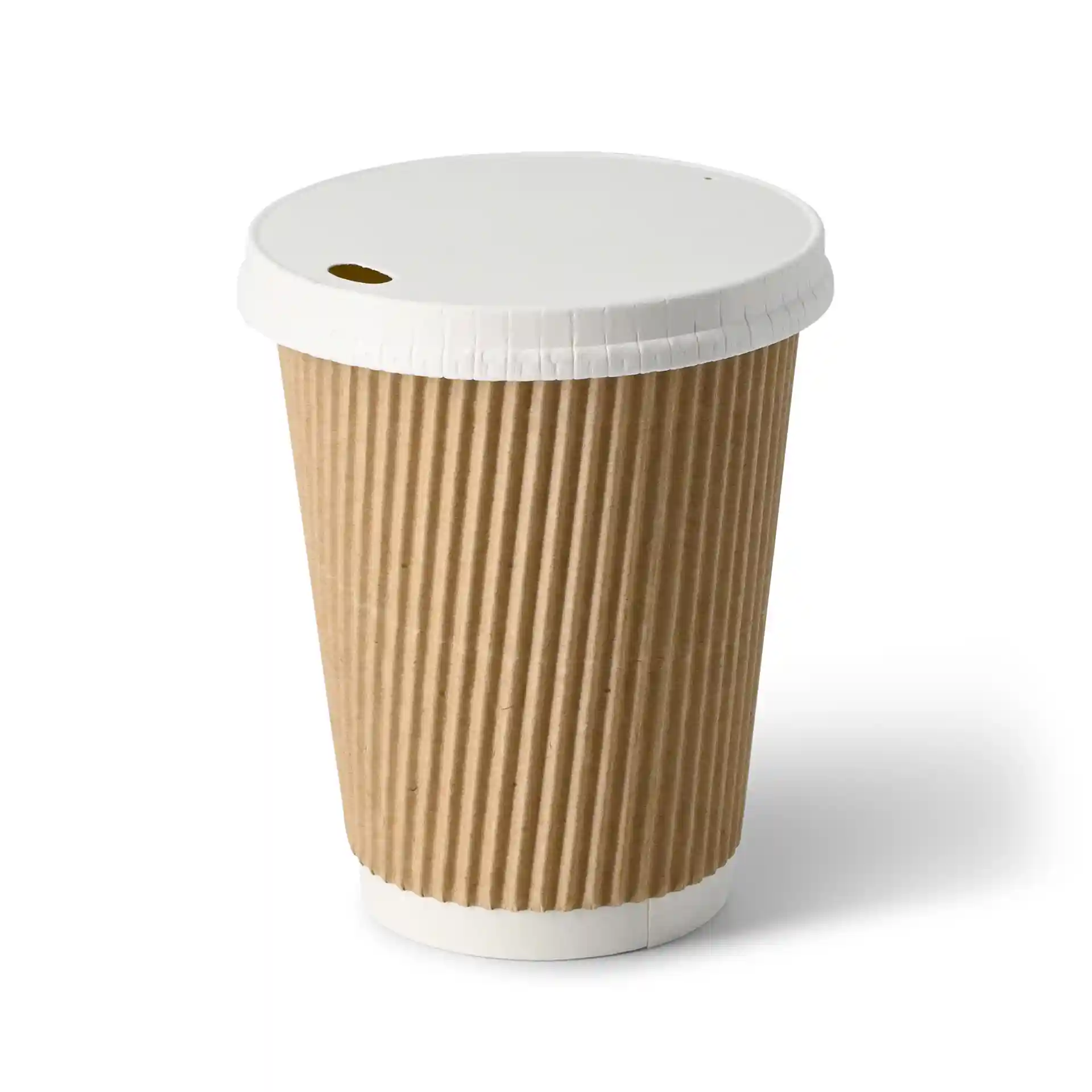 Brown ripple coffee cup with a white lid, 12 oz capacity, round shape, and a hole in the lid.