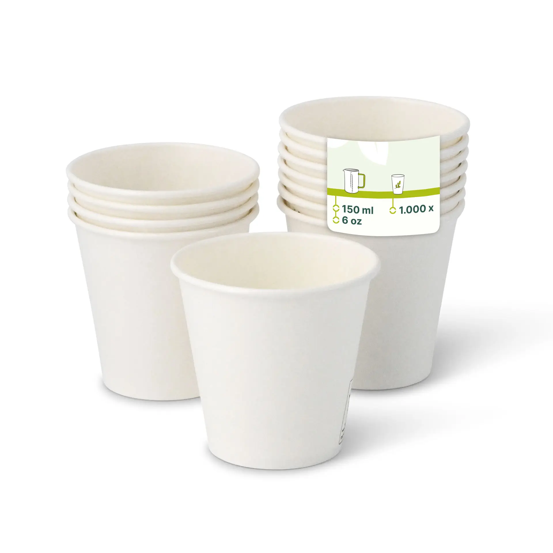 White paper cup with a diameter of 80 mm and height of 77 mm, shown with several stacked cups and a label.
