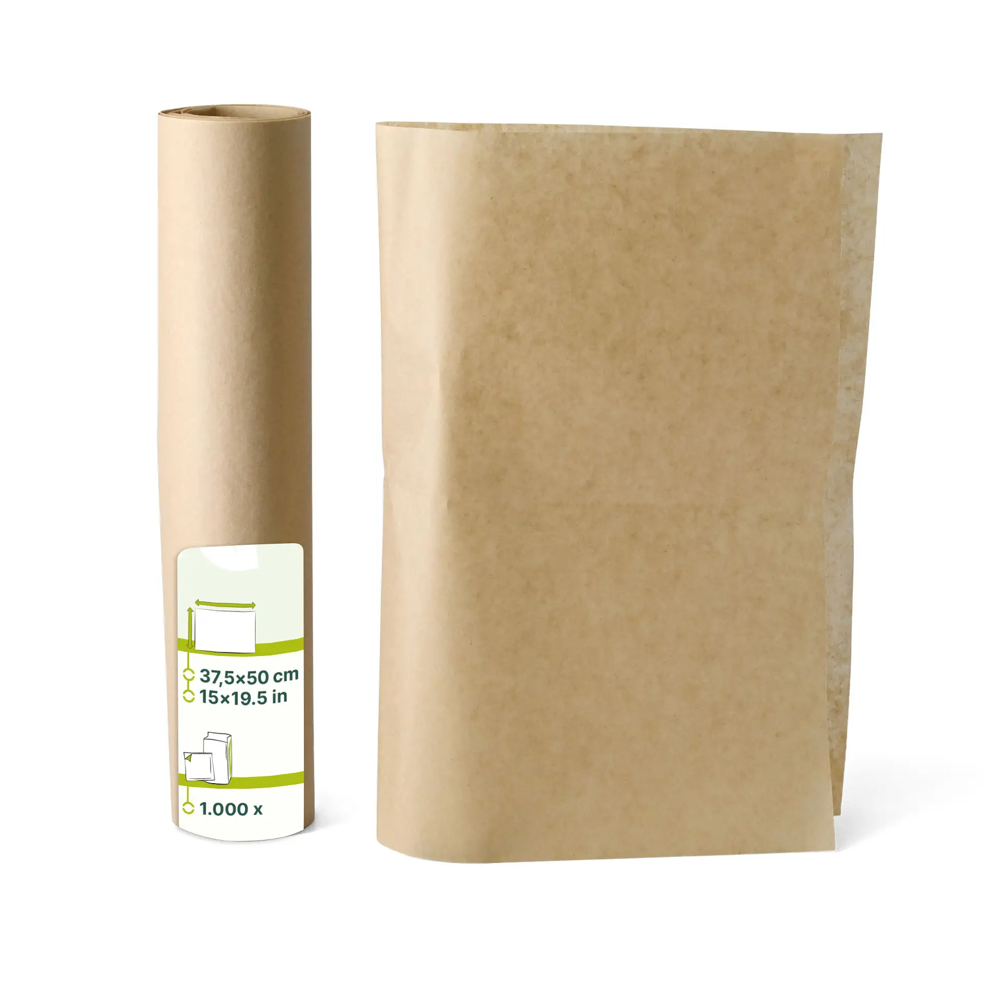 Braunes, fettabweisendes Verpackungspapier in Rollen- und Blattform, geeignet für heiße und kalte Speisen, Größe 37,5 x 50 cm.