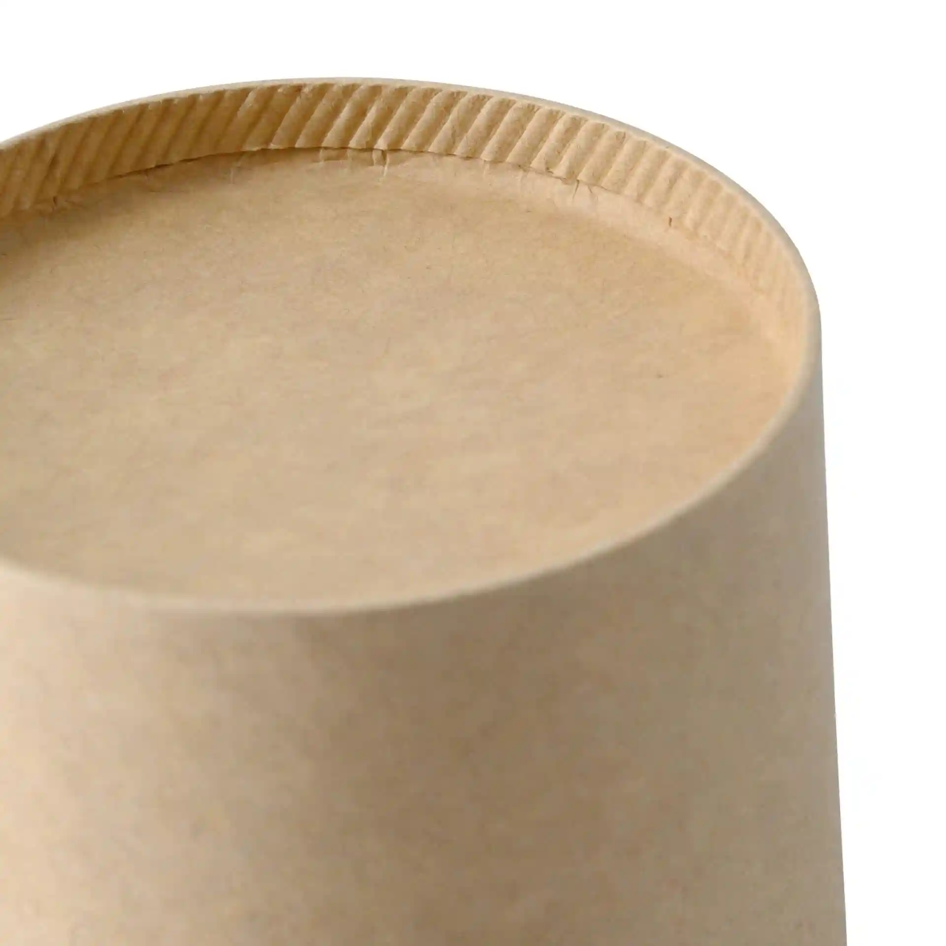 Brown paperboard soup container with a round shape and a coated surface, showing the top edge and inner rim.