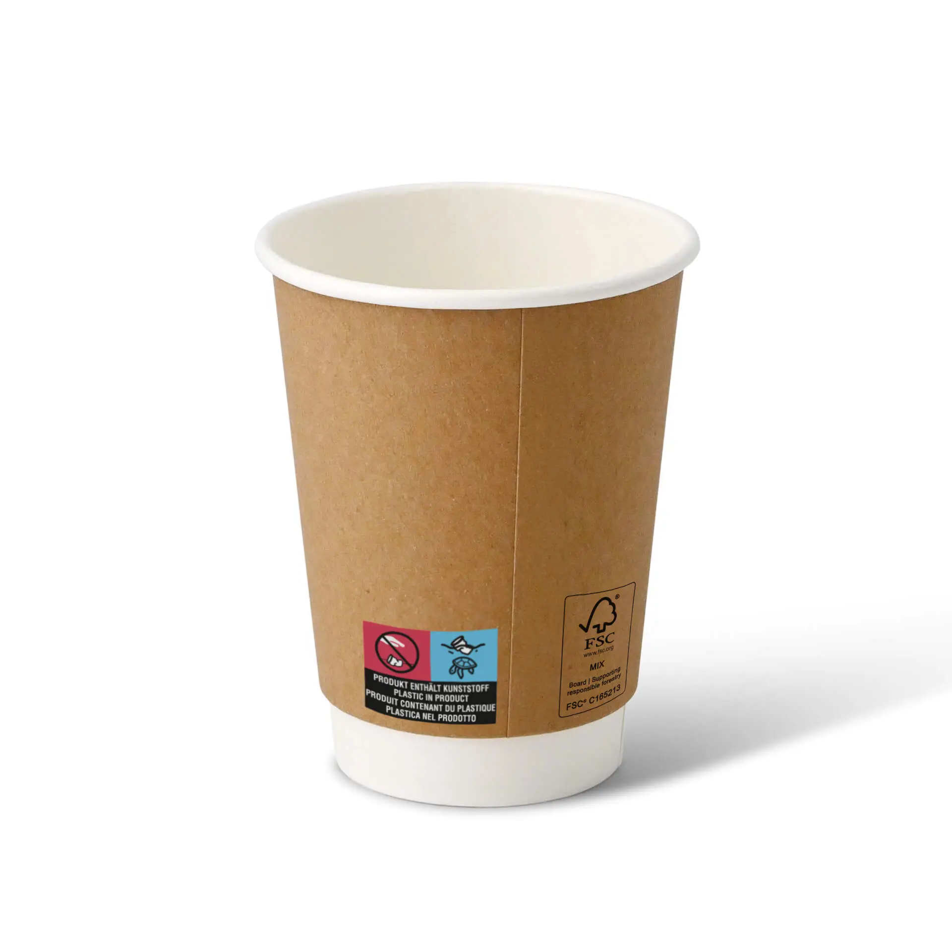 Coffee to go Becher aus Pappe (beschichtet) doppelwandig, 300 ml / 12 oz, Ø 90 mm, braun, innen weiß