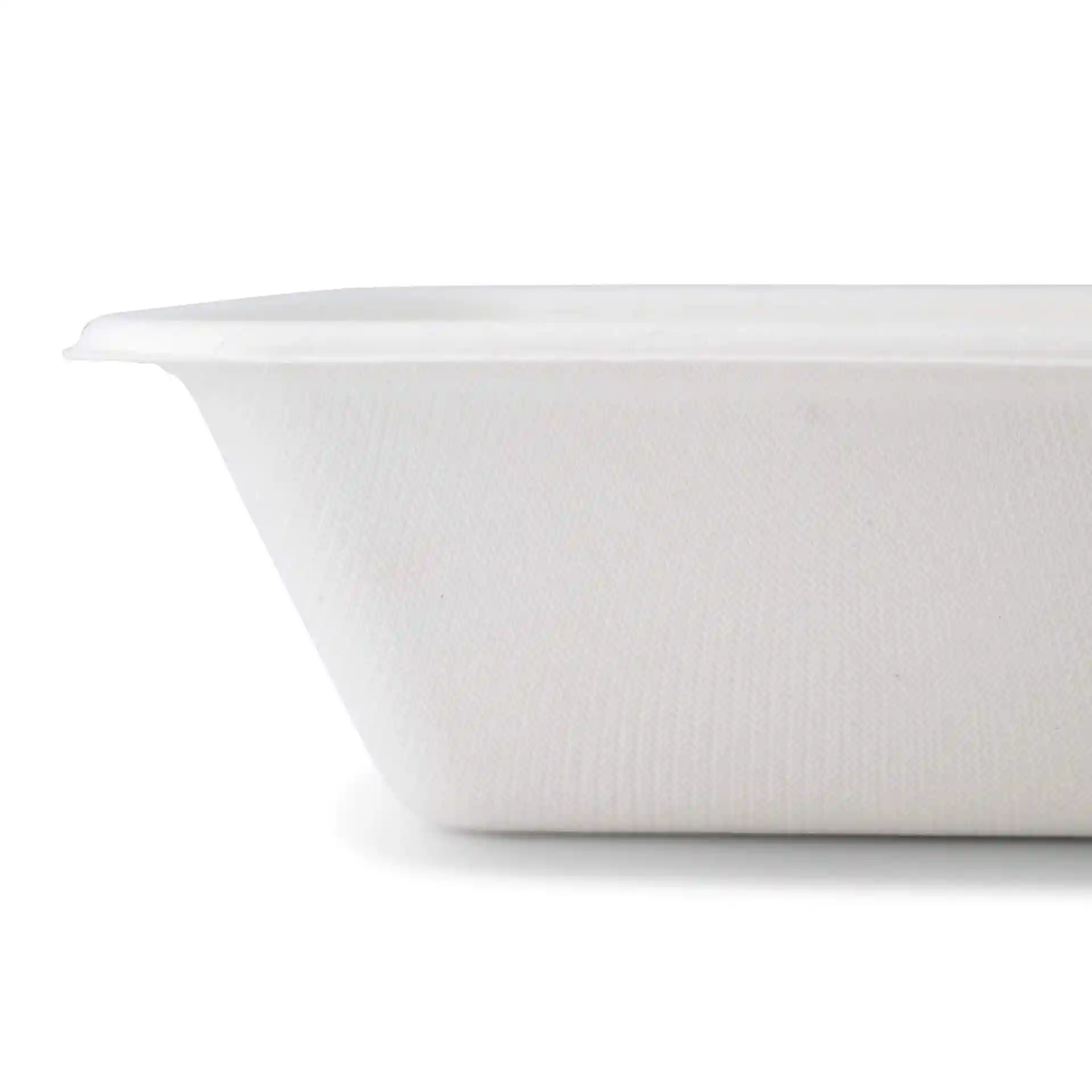 White rectangular sugarcane tray with two compartments, measuring 23 x 14.5 x 5 cm.
