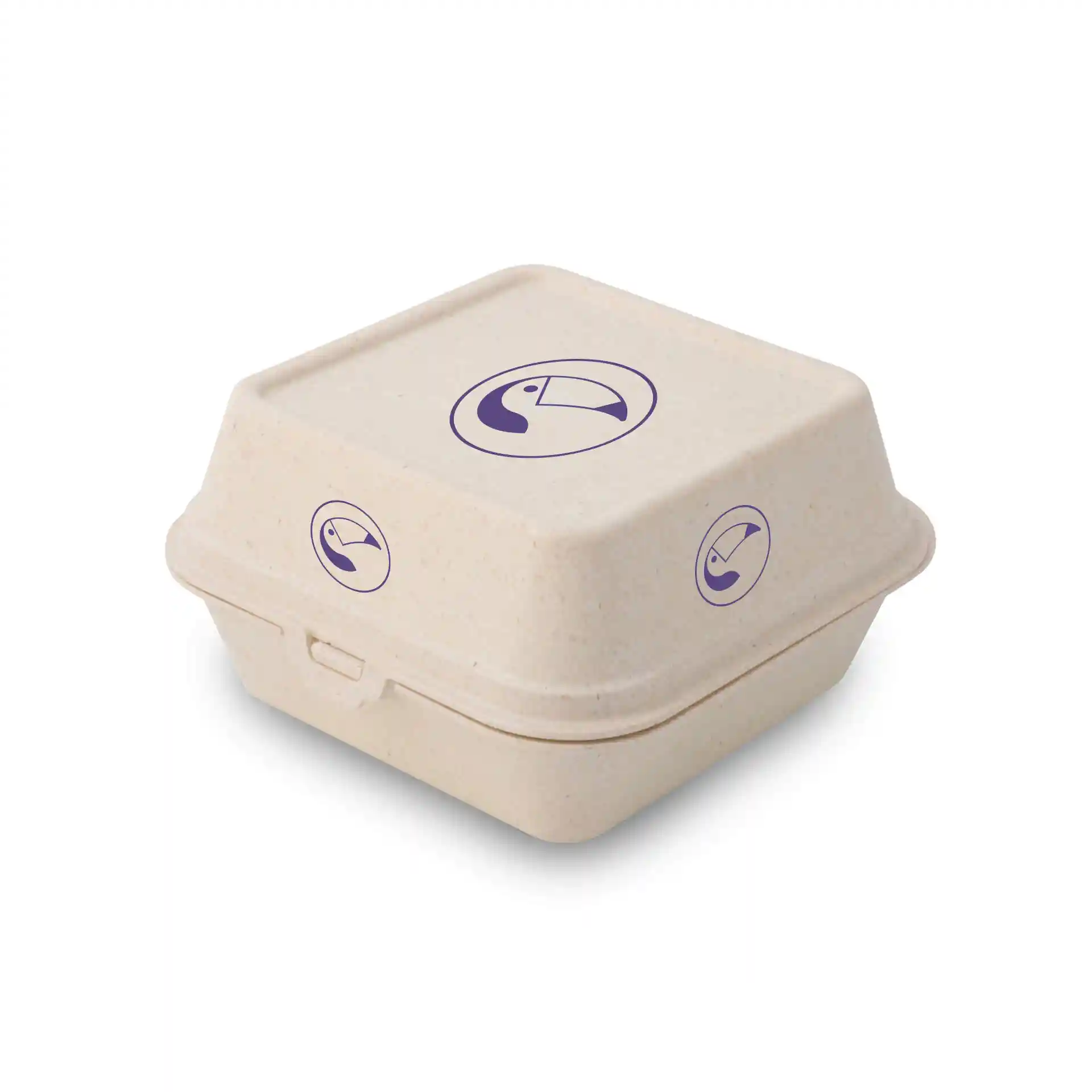 Cremeweiße rechteckige Burgerbox mit Deckel, mit lila Tukan-Logos auf drei Seiten.