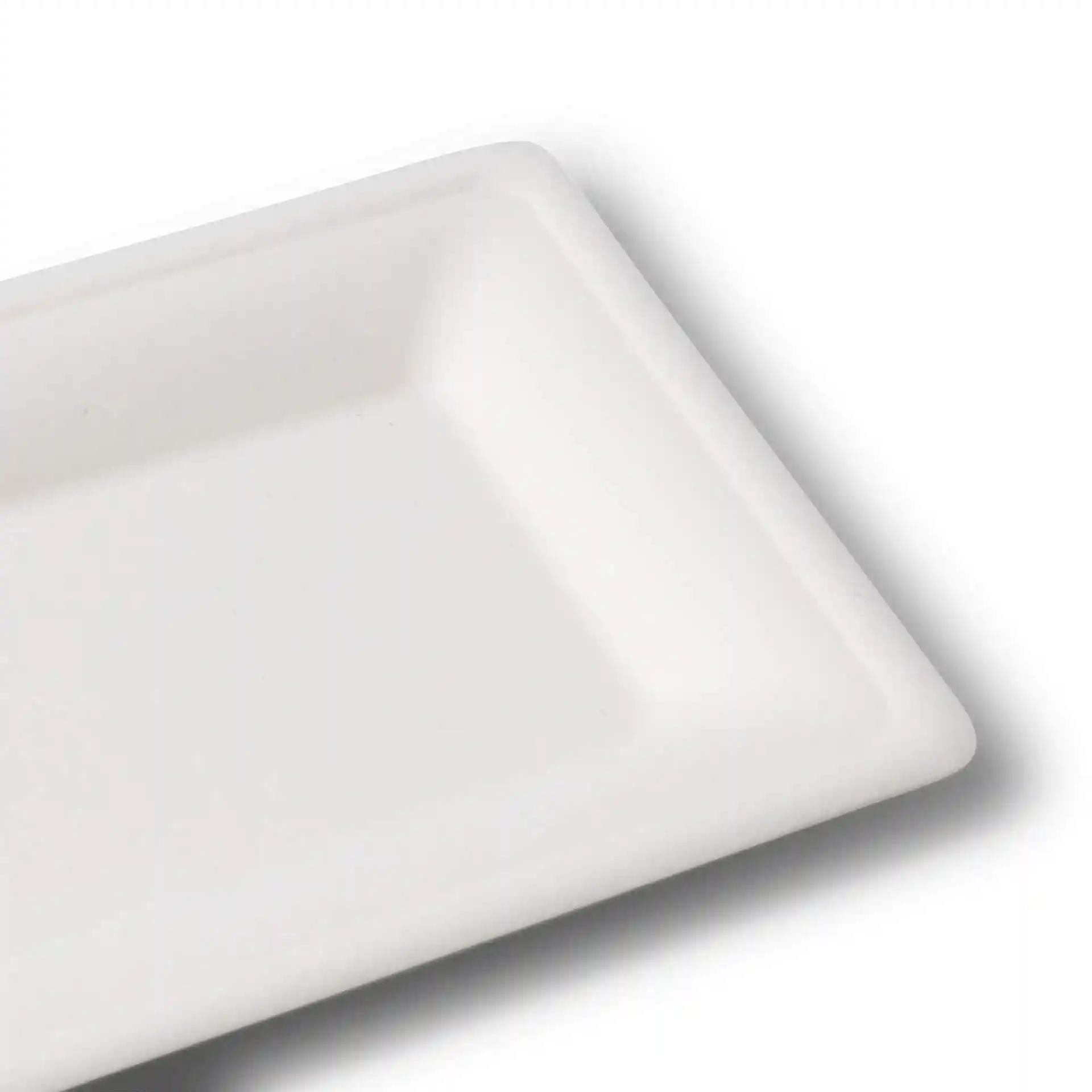 Rechteckiger weißer Zuckerröhren-Teller mit den Maßen 26 x 13 cm und einer Höhe von 15 mm.