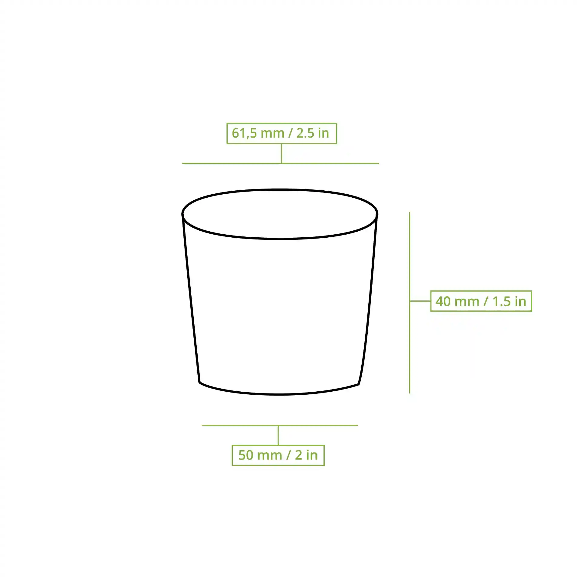 Schematic drawing of a paper portion cup with dimensions: height 40 mm, diameter 62 mm, and base diameter 50 mm.