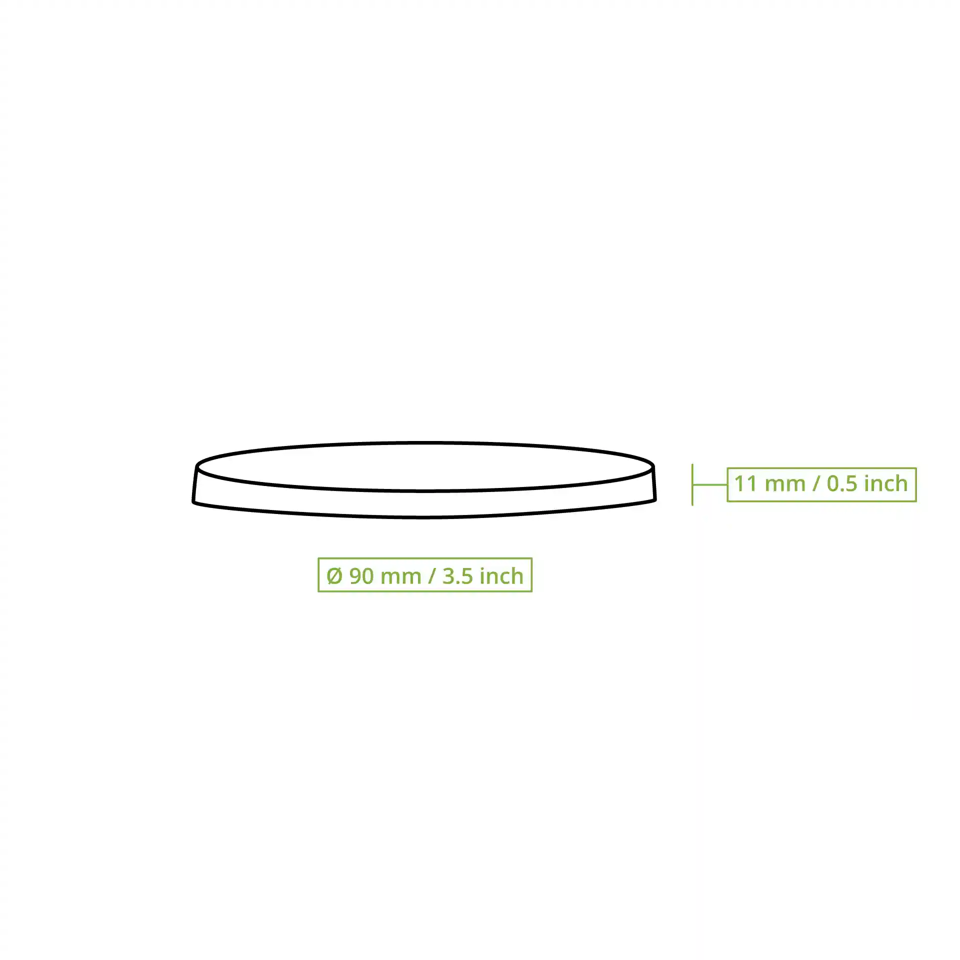 Schematische Zeichnung eines weißen Papiers mit einem Durchmesser von 90 mm und einer Höhe von 11 mm.