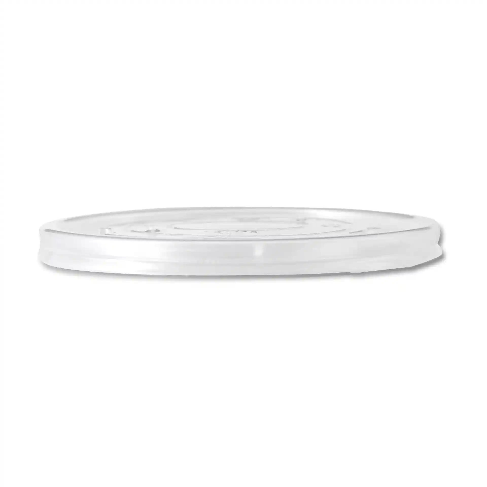 Transparenter runder flacher Deckel mit einem Durchmesser von 115 mm, aus PP-Material, seitlich gezeigt.